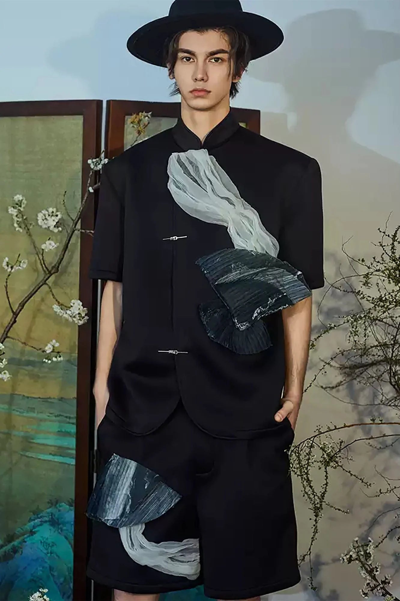 JIECHI Crinkled Tulle Layered Mandarin Collar Half Shirt