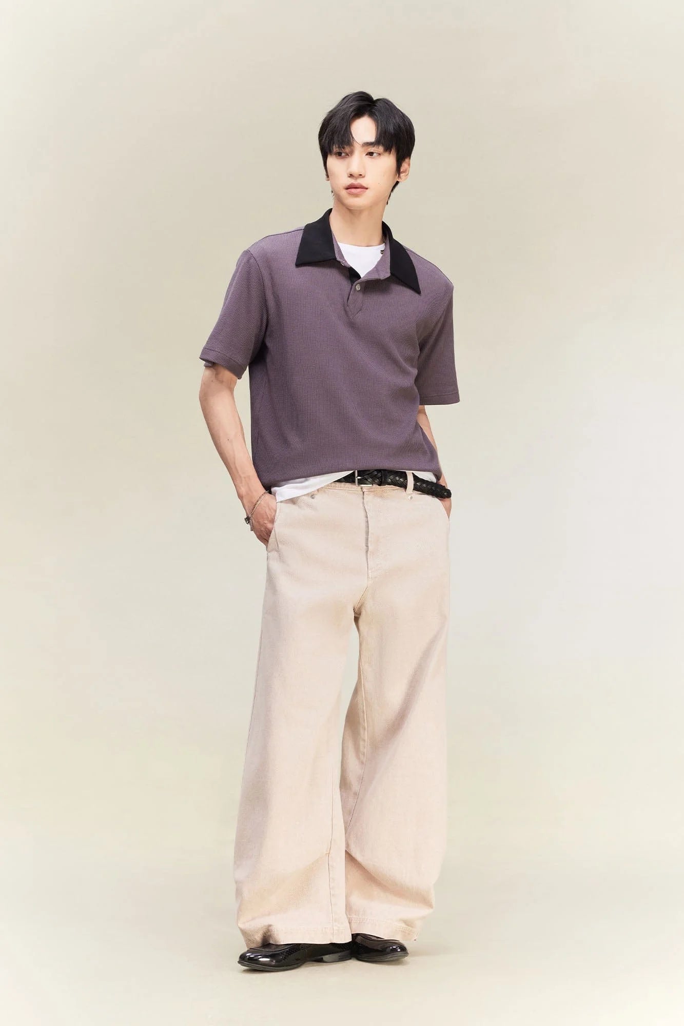 ALVNG AR ANTS Contrast Collar Waffle Knit Polo Shirt