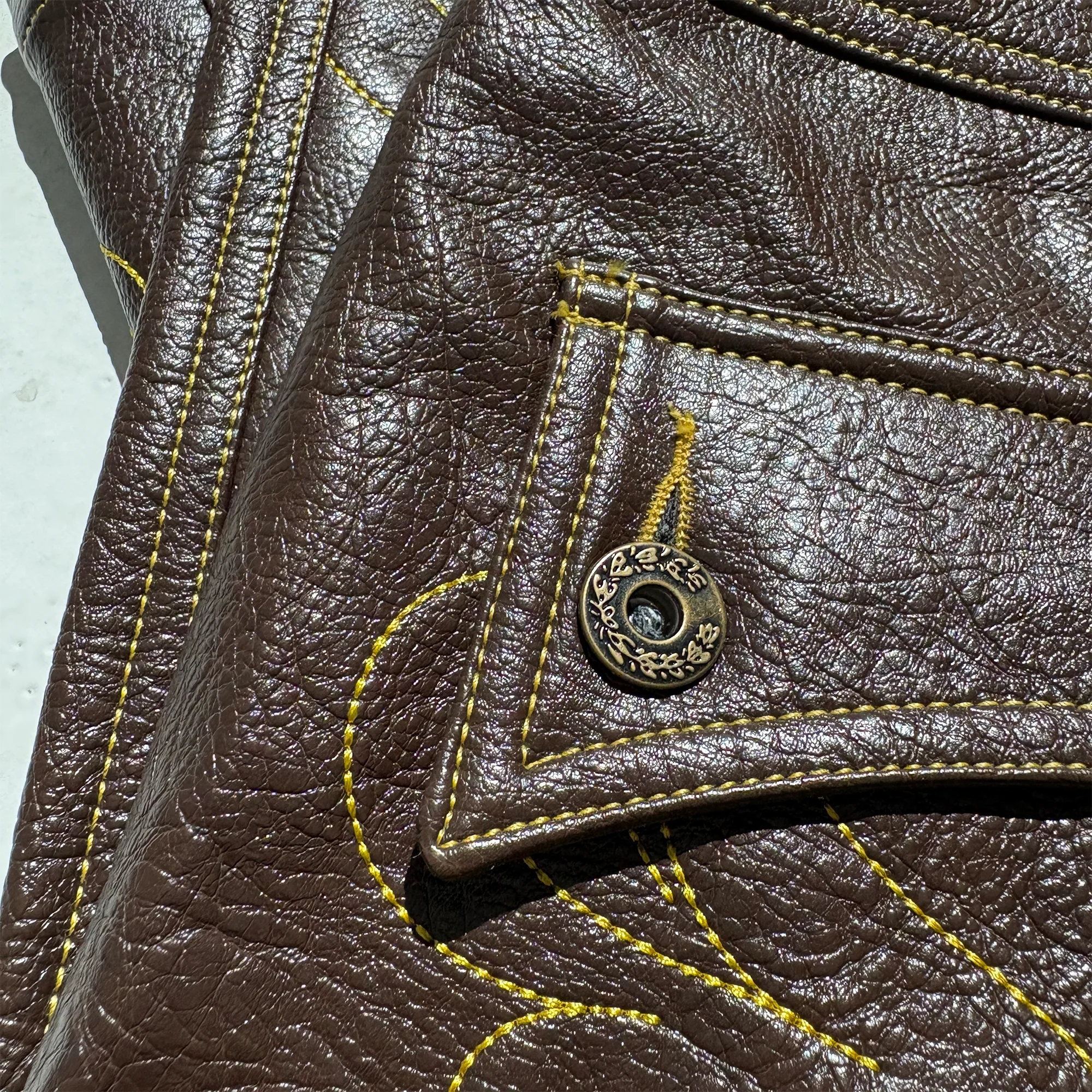 PCCVISION Gothic Skull Stitch PU Pants Brown