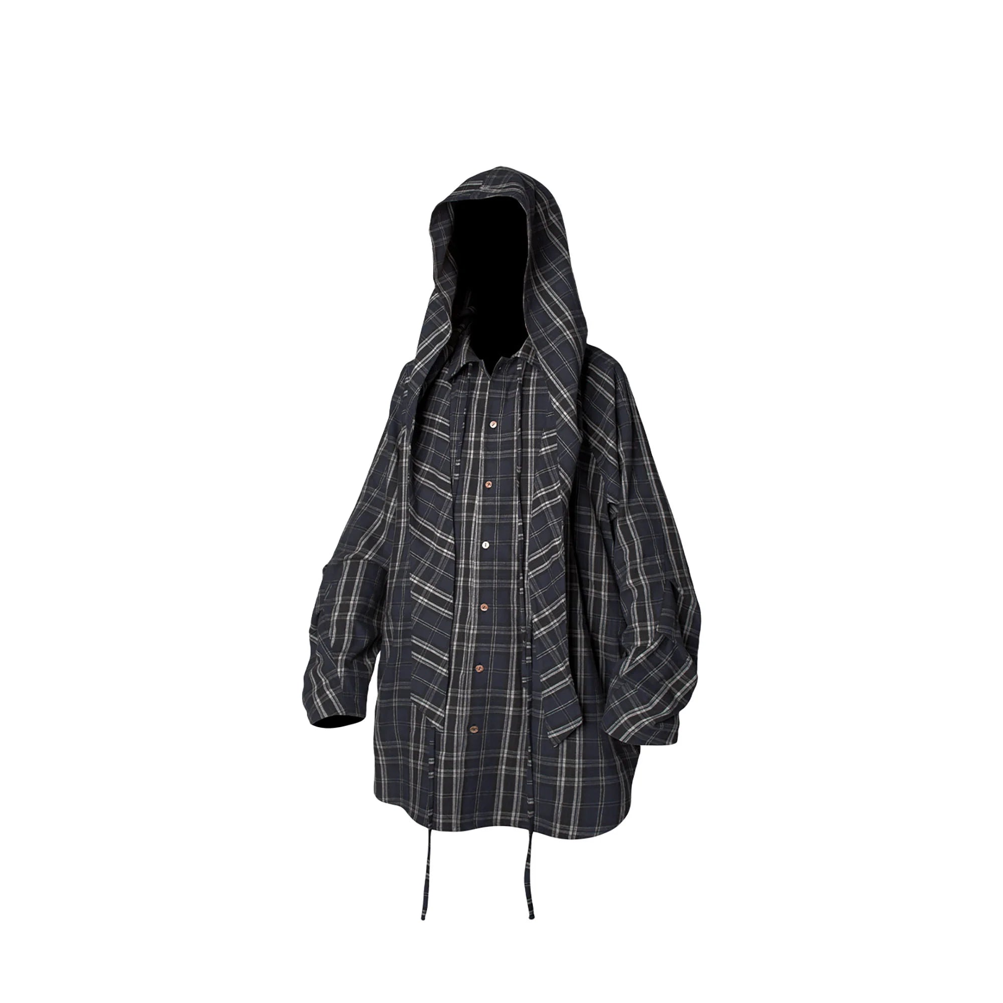 RELABEL Detachable Hood Multi-Zip Plaid Oversized Shirt