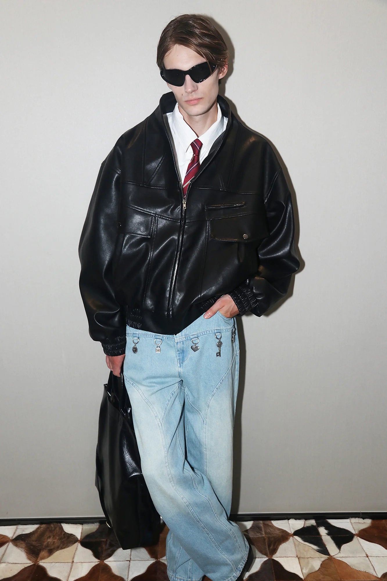 ASSEEN Oversized Paneled Utility Faux Leather Jacket