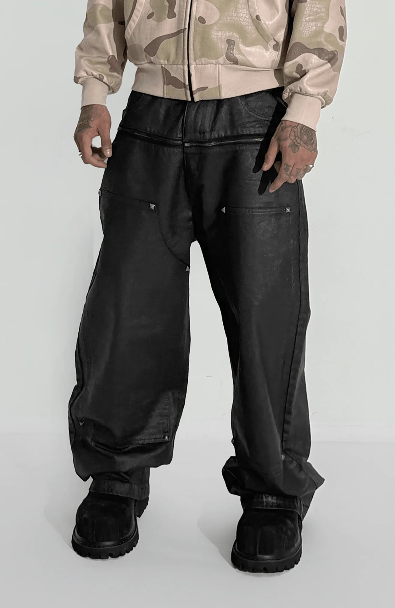 TECNINEGROUP Waxed Double-Knee Diamond Pockets Jeans