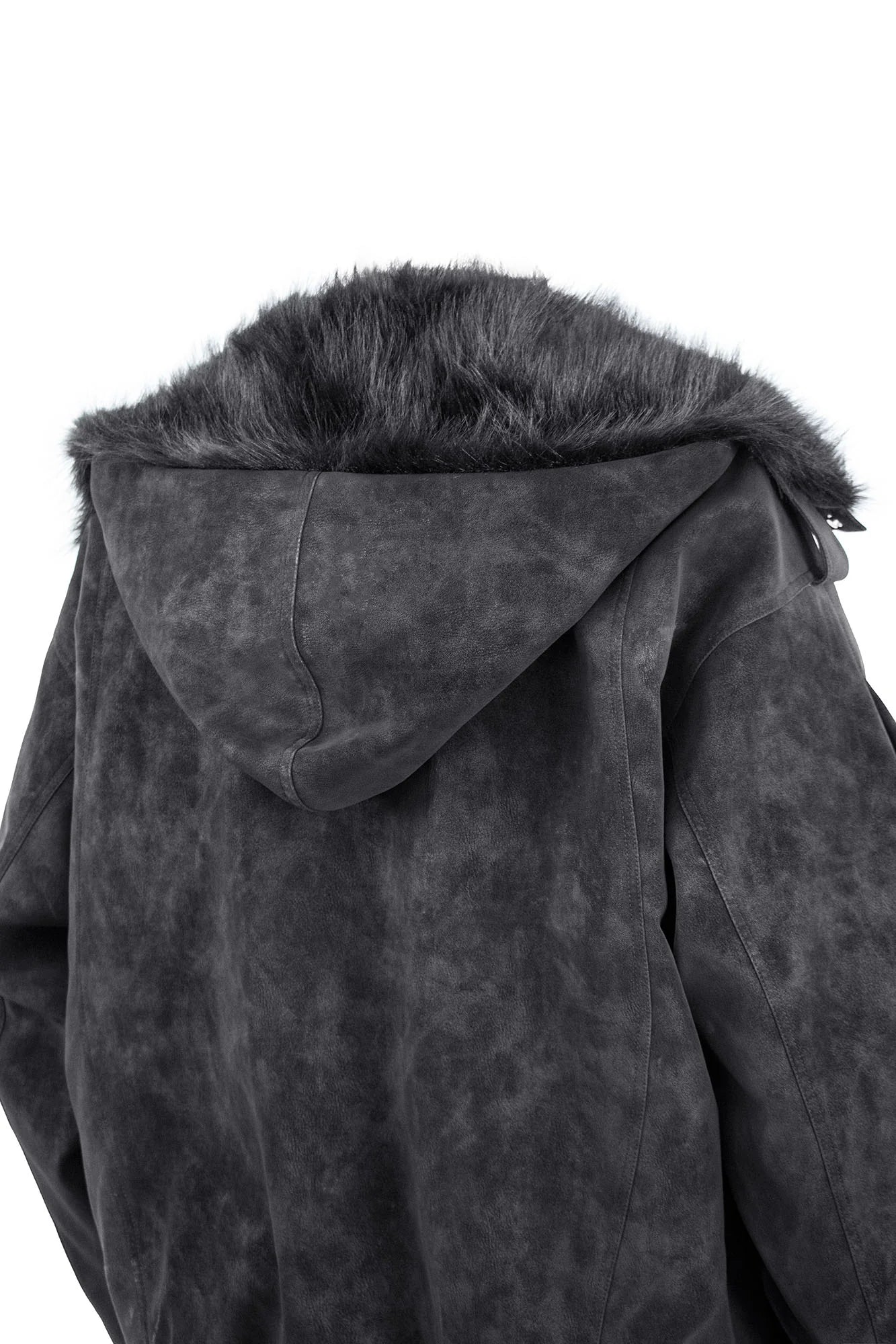 RELABEL Detachable Plush Scarf Hooded Suede Jacket Black