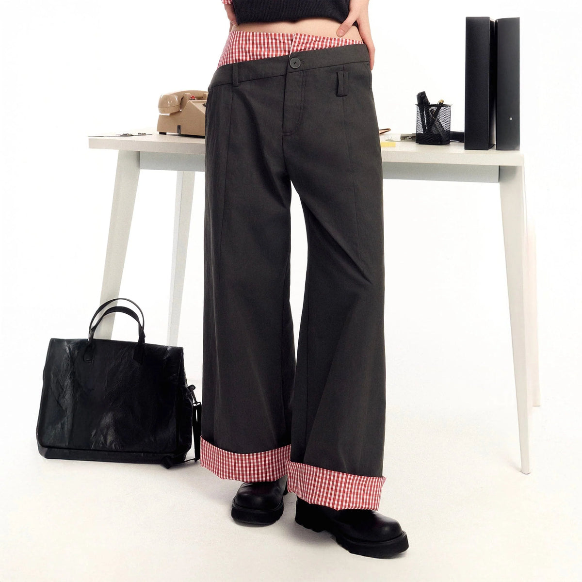 OIPWORD Asymmetrical Waist Faux-Layered Wide-Leg Pants