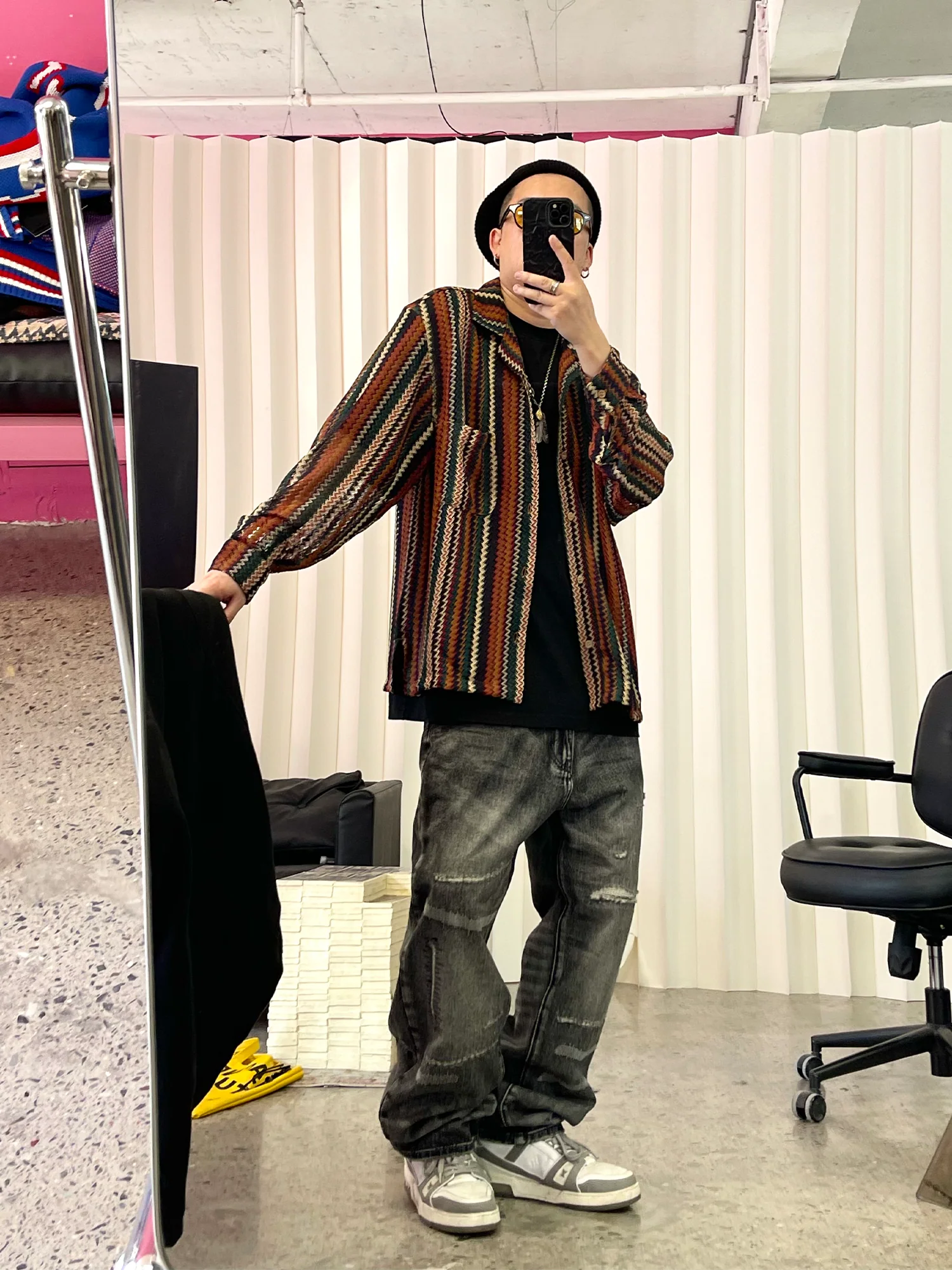 ME DA IGUAL Washed Destroyed Patch Straight-Leg Jeans