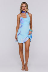 Salty Blossom Neck Wrap Mini Dress Blue