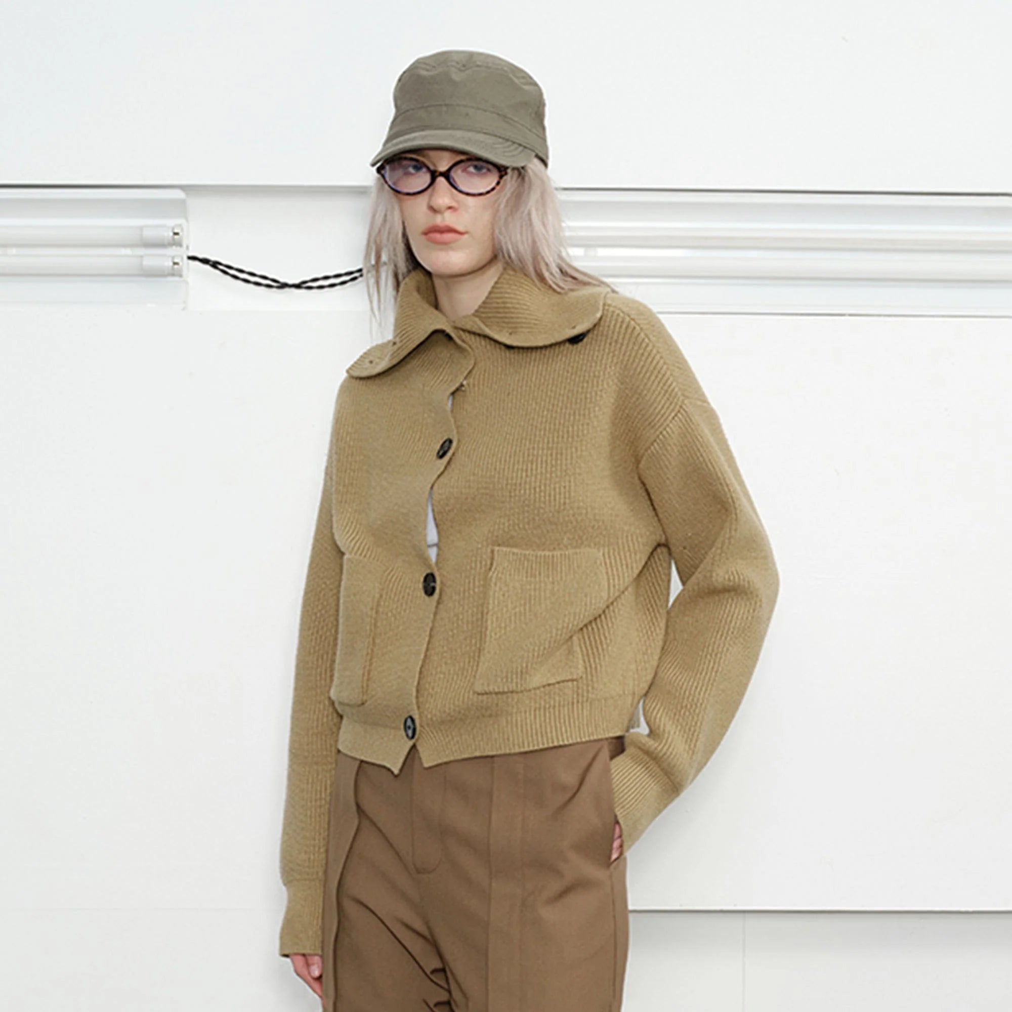 KREATE High-Collar Big-Pocket Button-Up Knitted Jacket