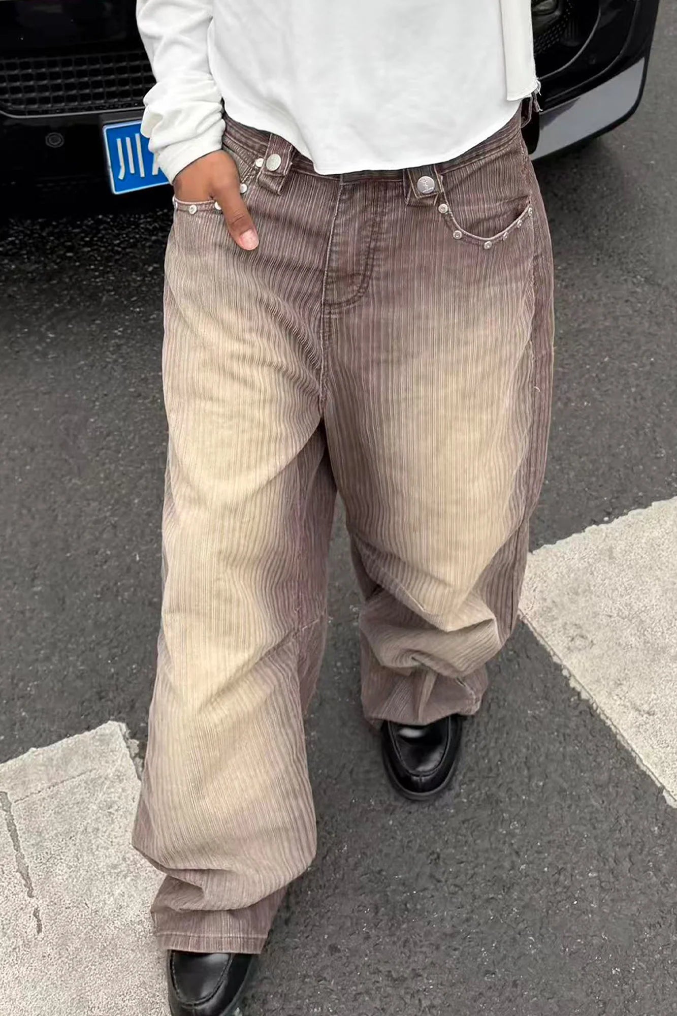 STEEPC Washed Striped Corduroy Studded Wide-Leg Pants