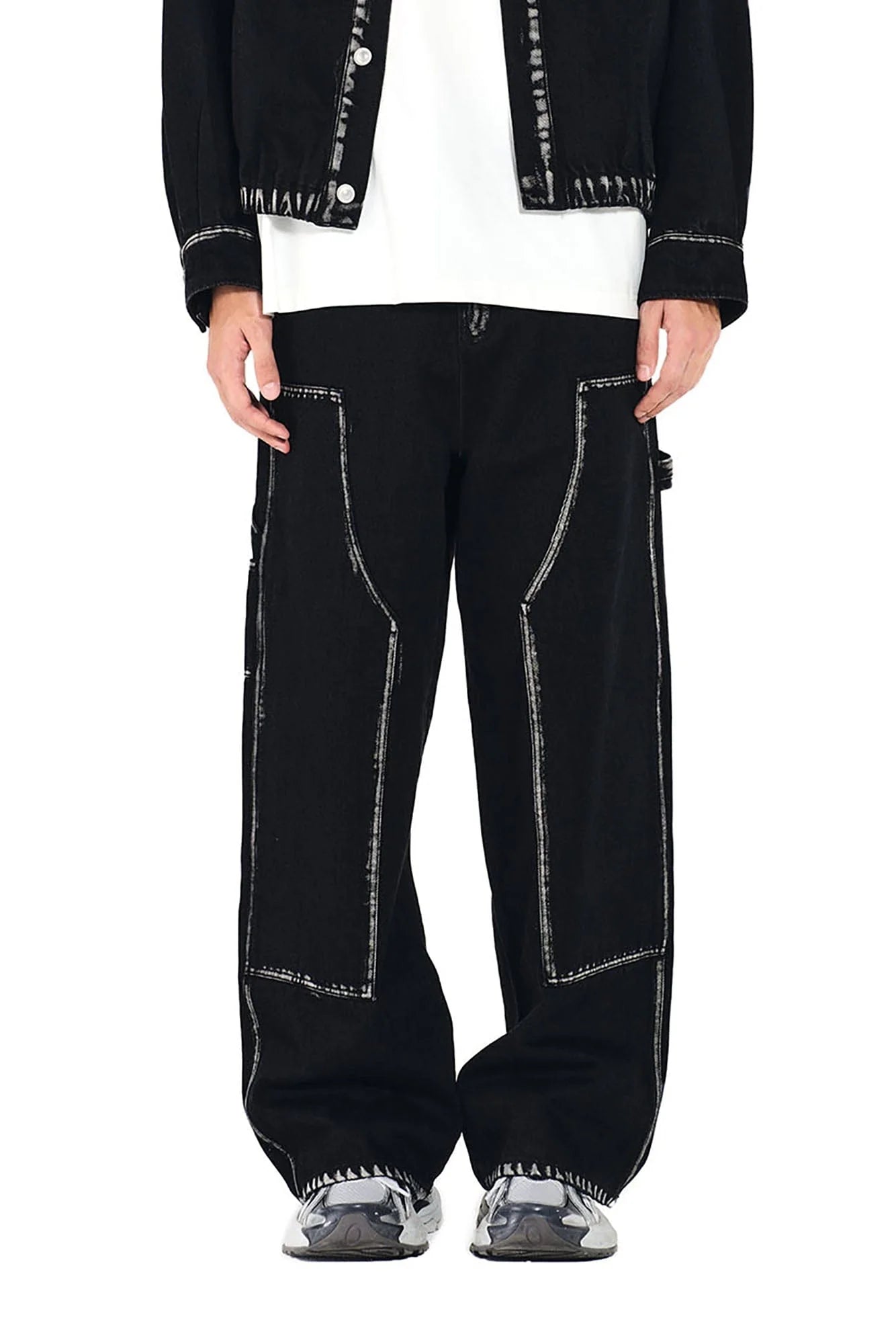 OVERLAPS Contrast Brushstroke Trim Double-Knee Jeans