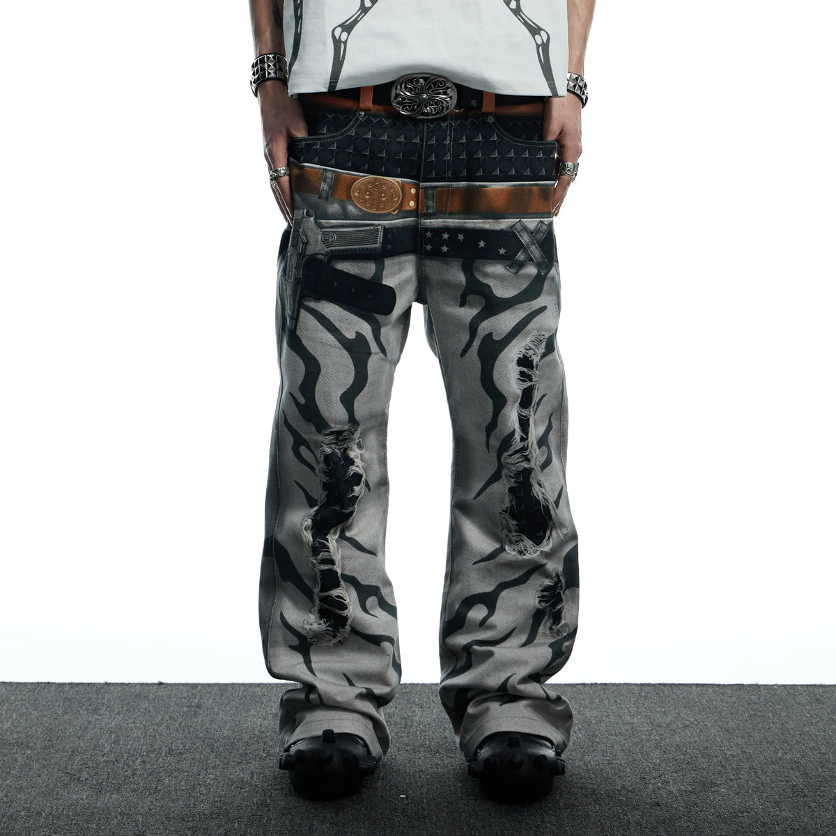 DND4DES Distressed Print Double-Waist Flare Jeans White