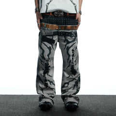 DND4DES Distressed Print Double-Waist Flare Jeans White