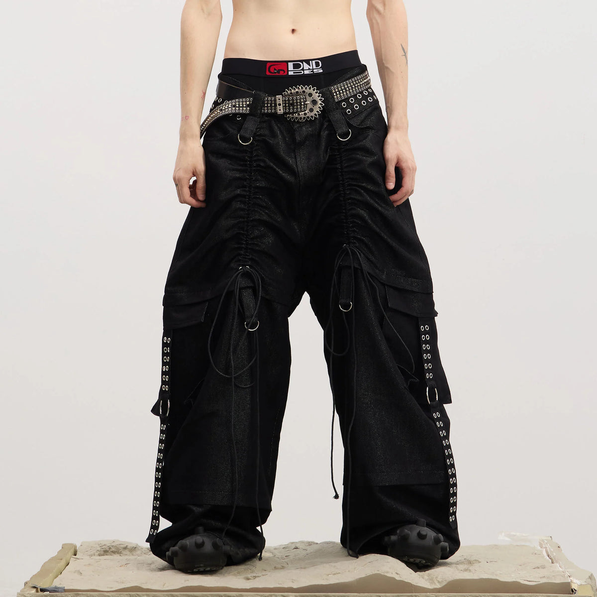 DND4DES Drawstring Ruched Coated Cargo Jeans