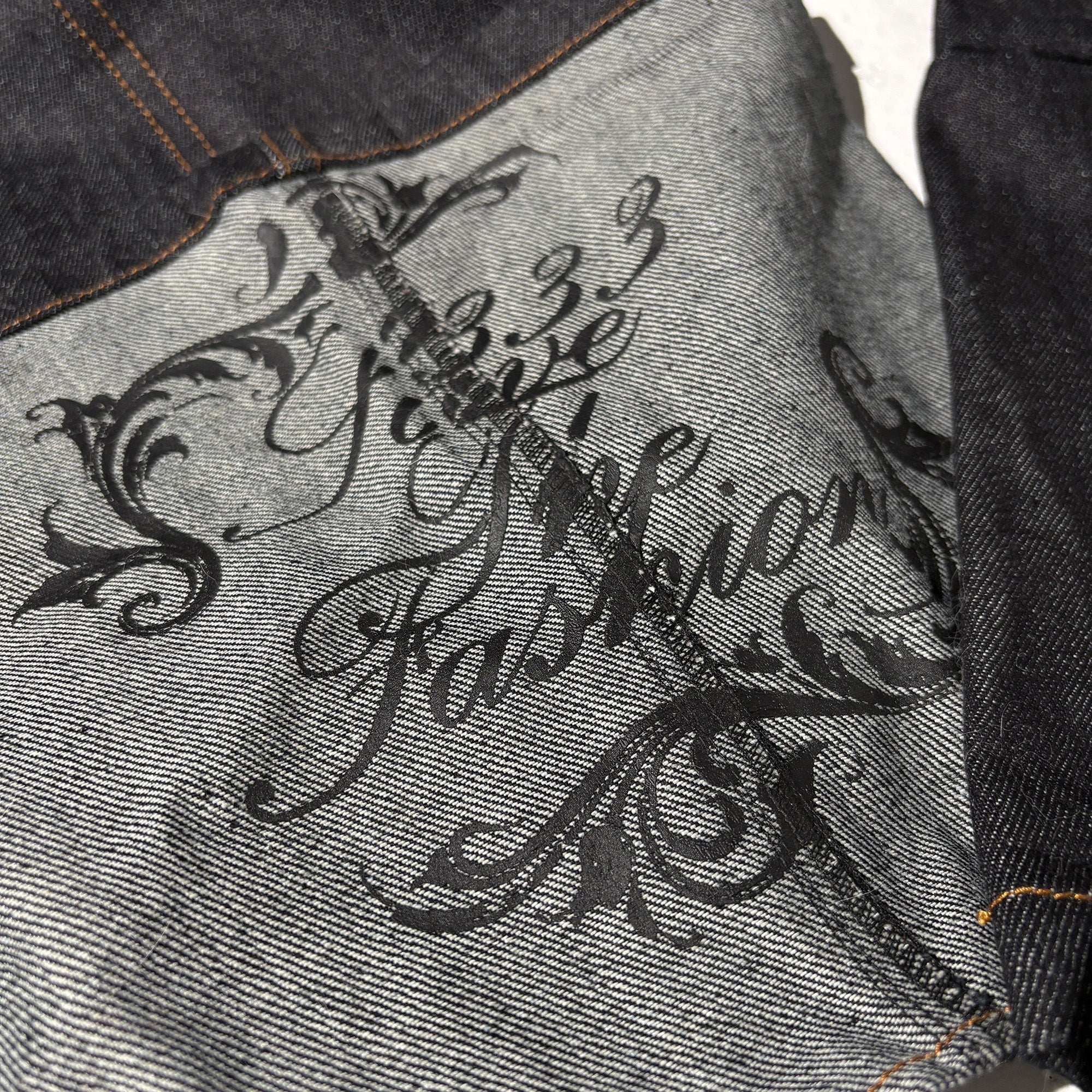 PCCVISION Baroque Embroidered Raw Denim Stacked Jeans