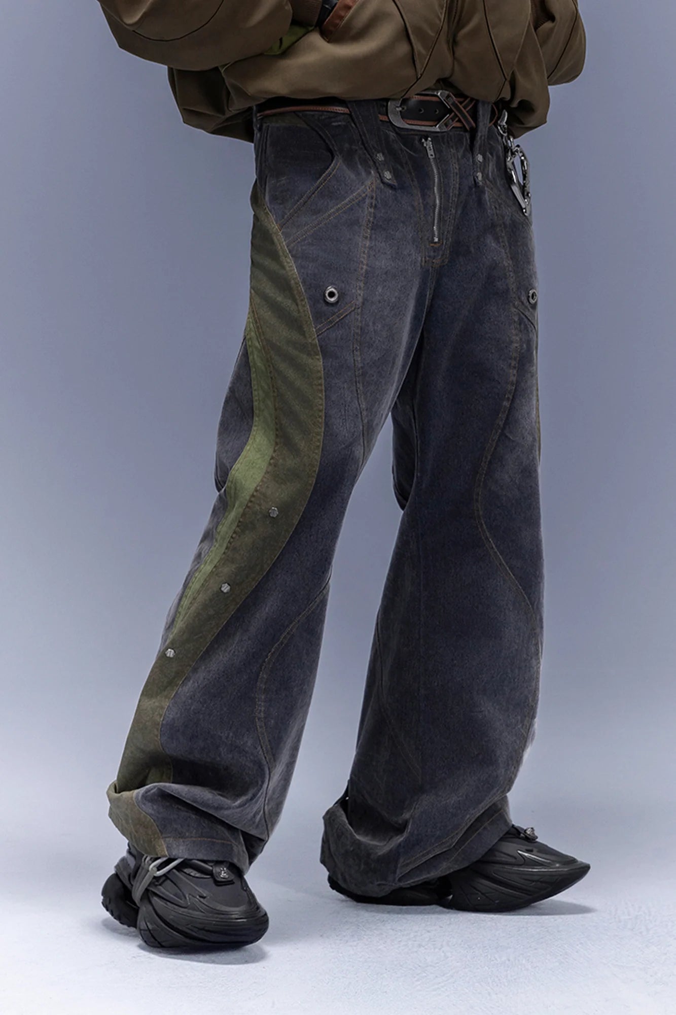 XIPHEVIL Washed Rivet Paneled Wide-Leg Pants