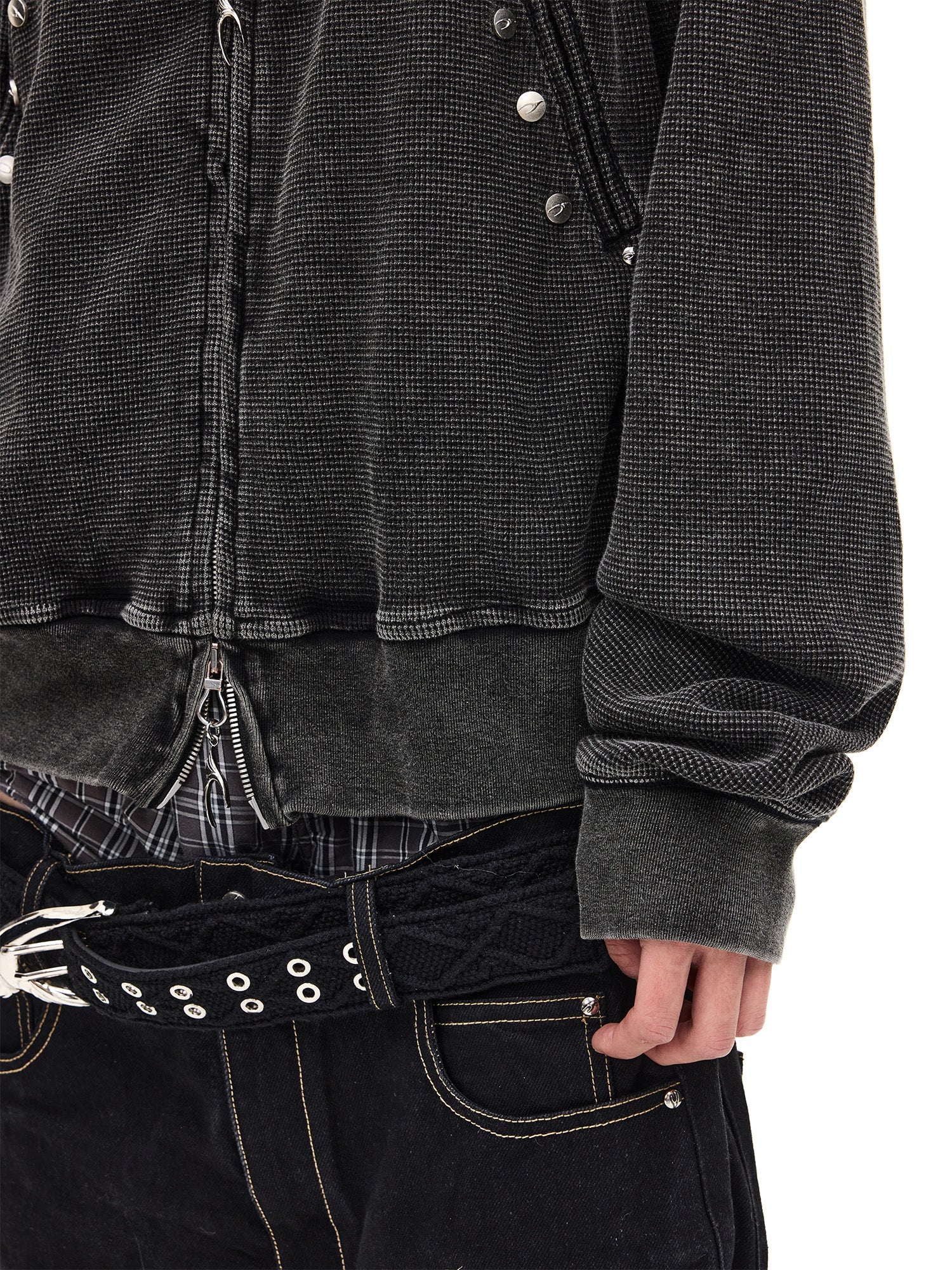 WHISTLEHUNTER Washed Waffle Studded Zip-Up Hoodie