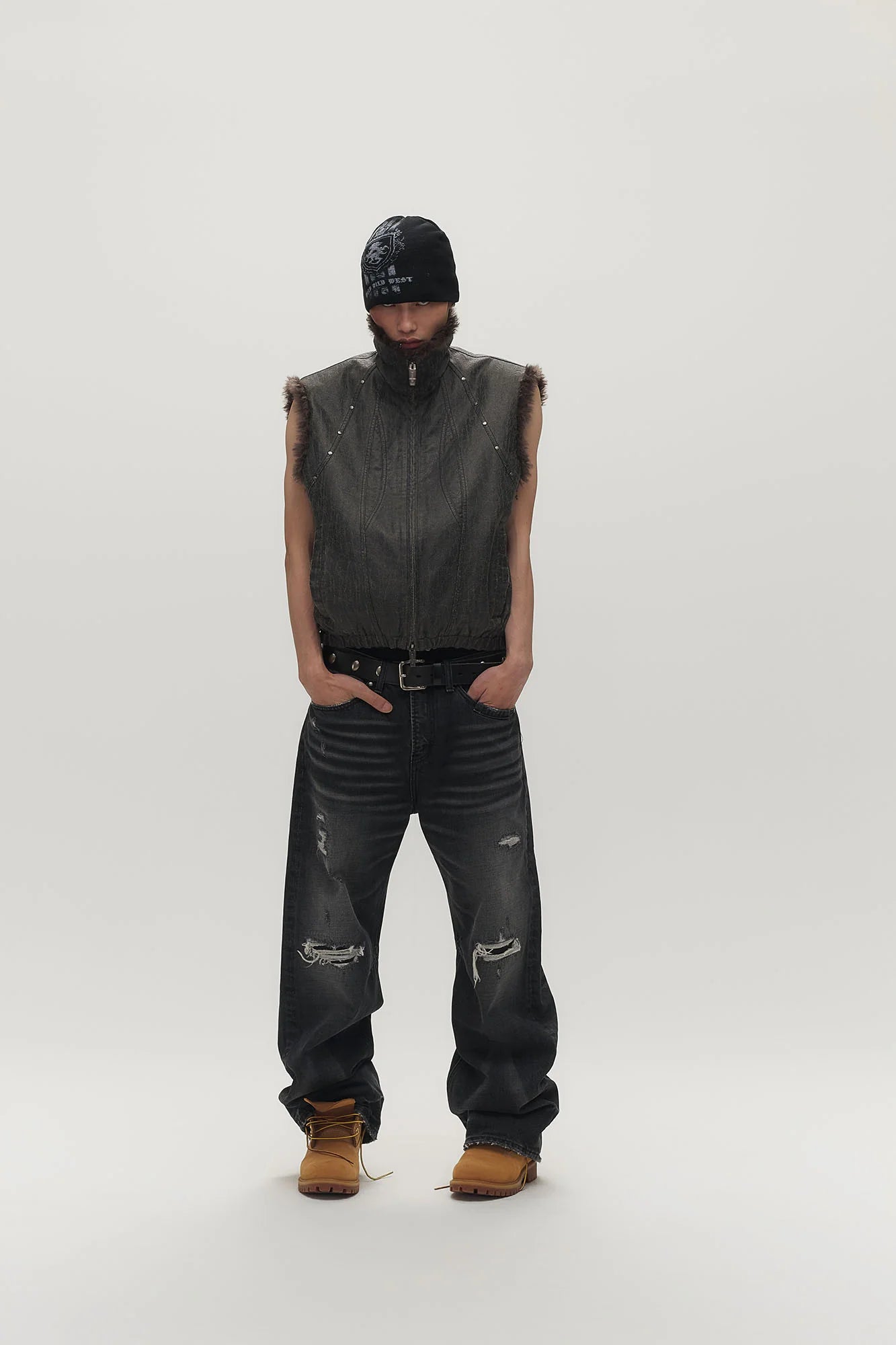 SAVAGEGROWTHWORLD Washed Faux Fur Lining Studded Vest