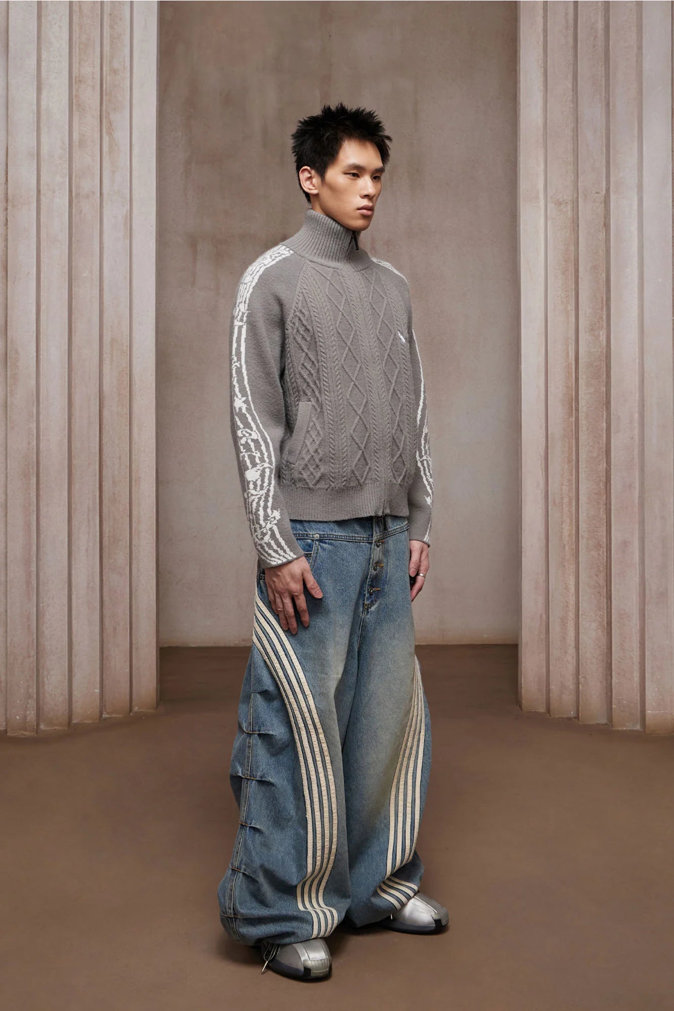 DND4DES Cable-Knit Music Stripes Zip Cardigan