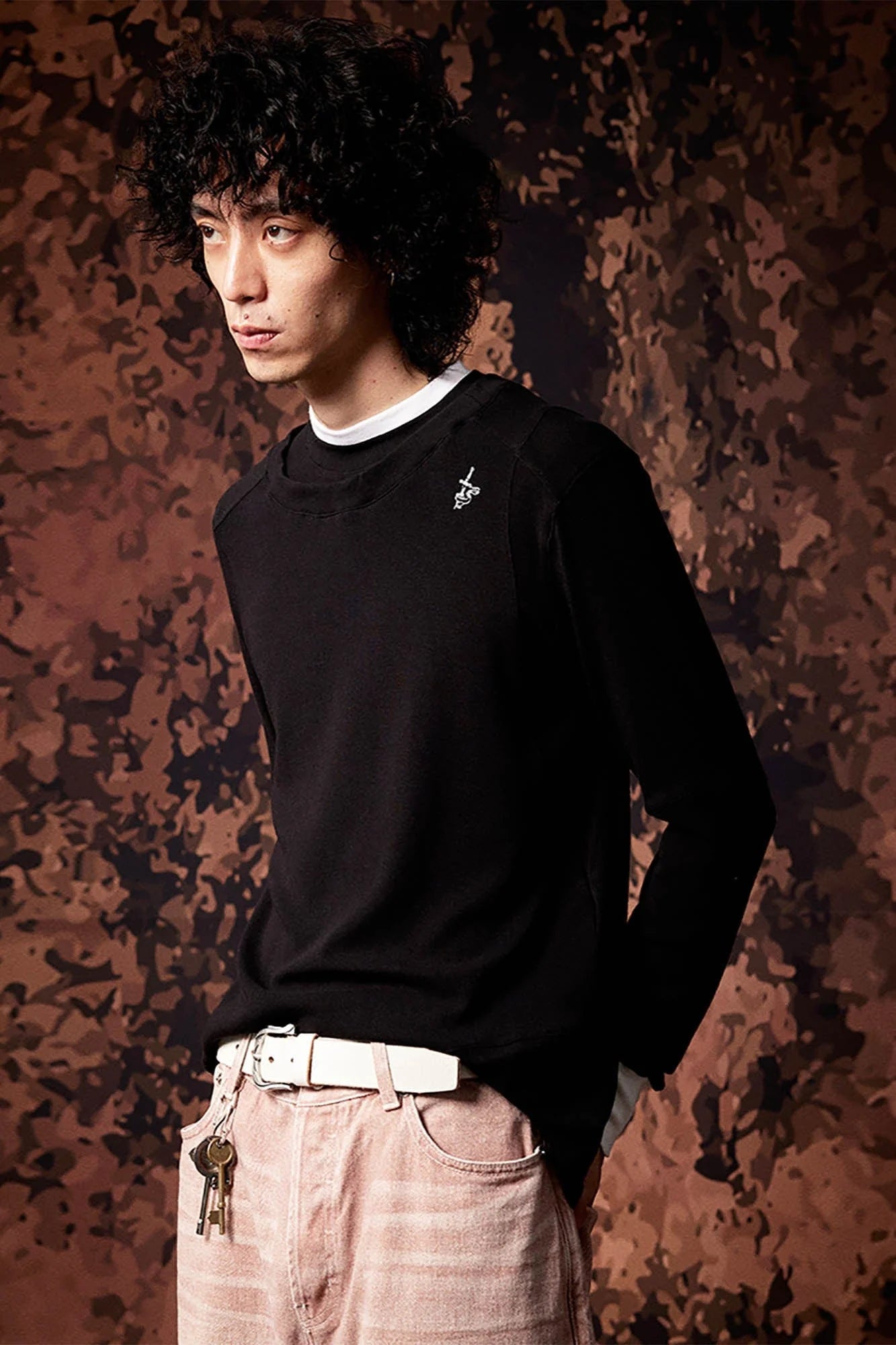 IN EXISTENCE Layered Asymmetrical Neck Embroidered Long-Sleeve Tee