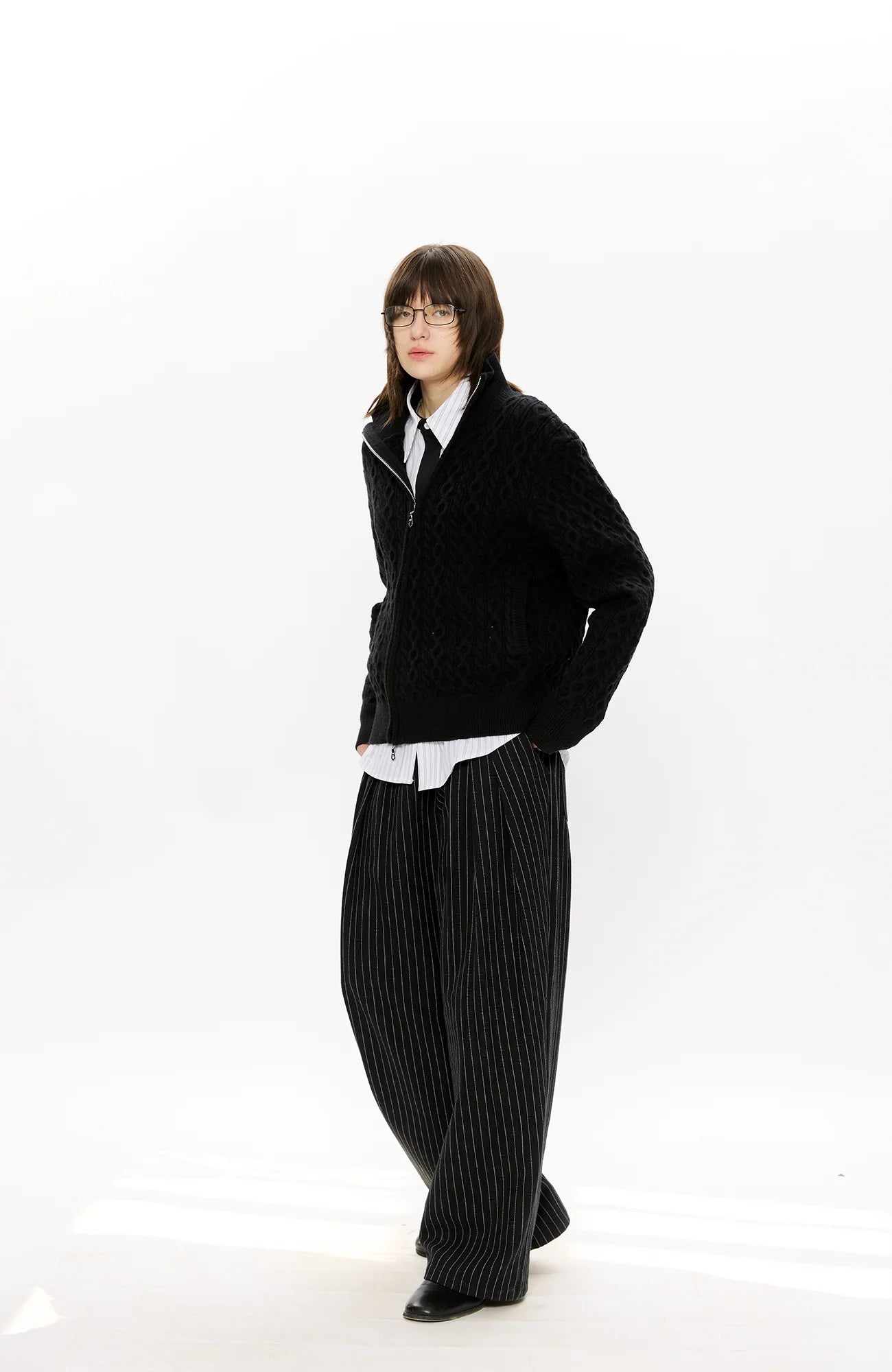 KREATE Pinstripe Pleated Draped Wide Trousers