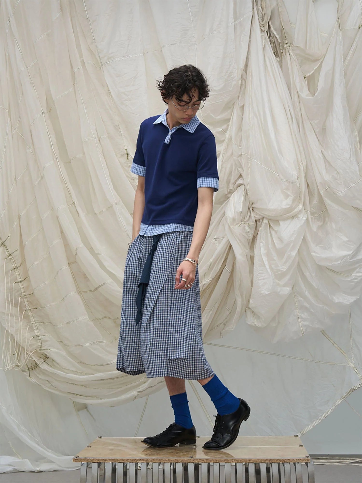 RELABEL Detachable Scarf Grid Pleated Shorts