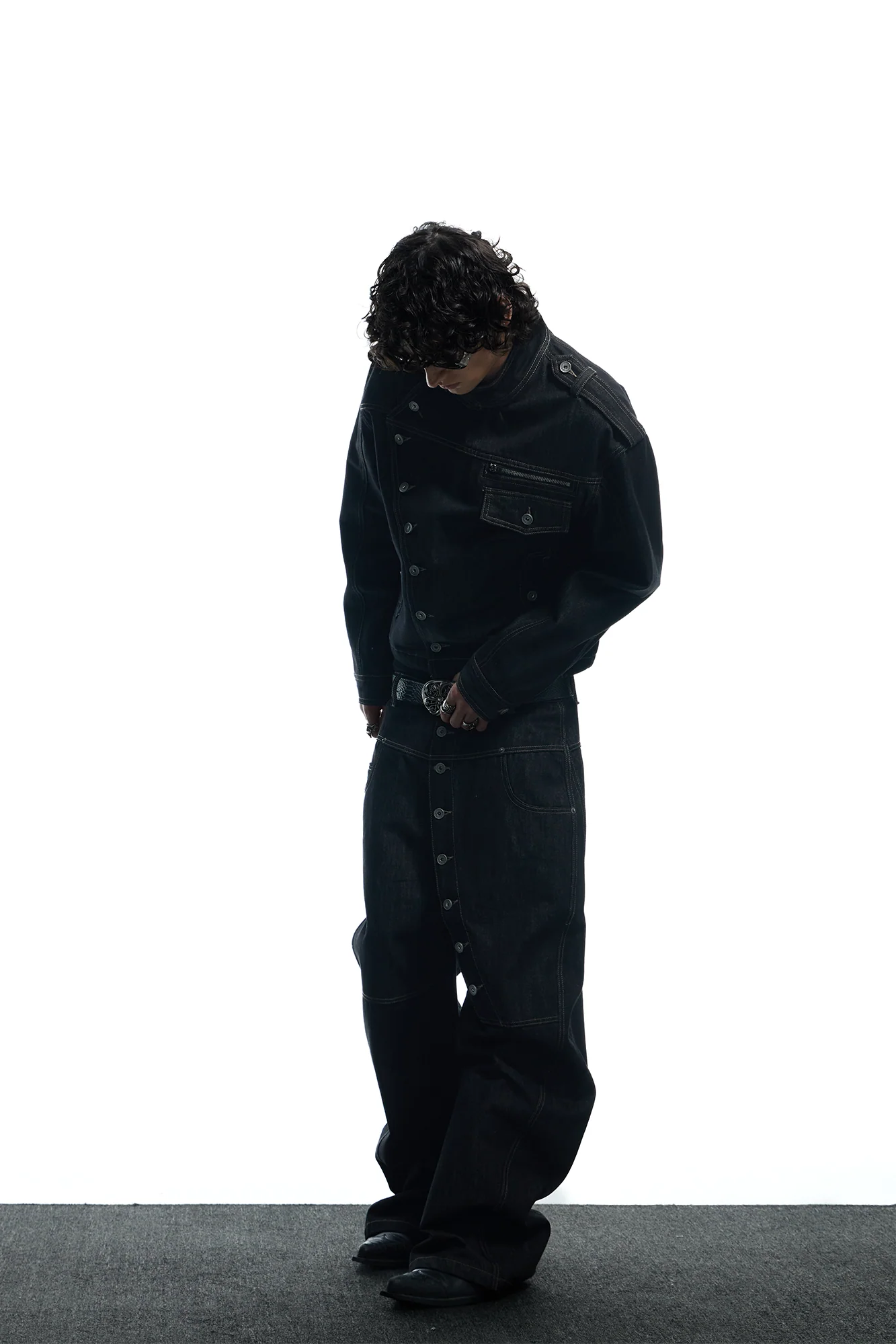 DND4DES Asymmetric Button Stand Collar Raw Denim Jacket