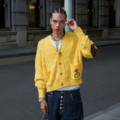 STEEPC Pearl-Studded Contrast Elbow Patch Cardigan