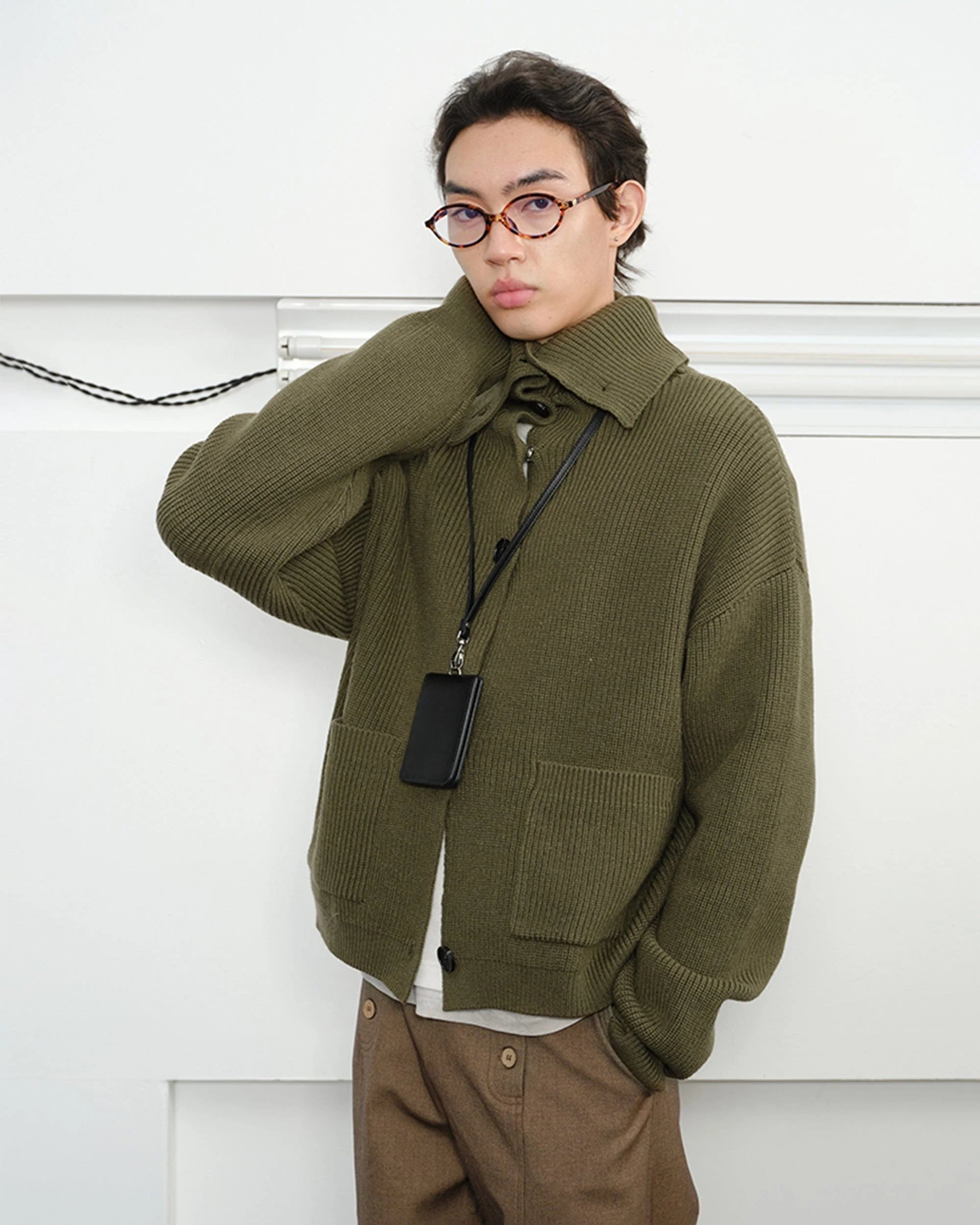 KREATE High-Collar Big-Pocket Button-Up Knitted Jacket