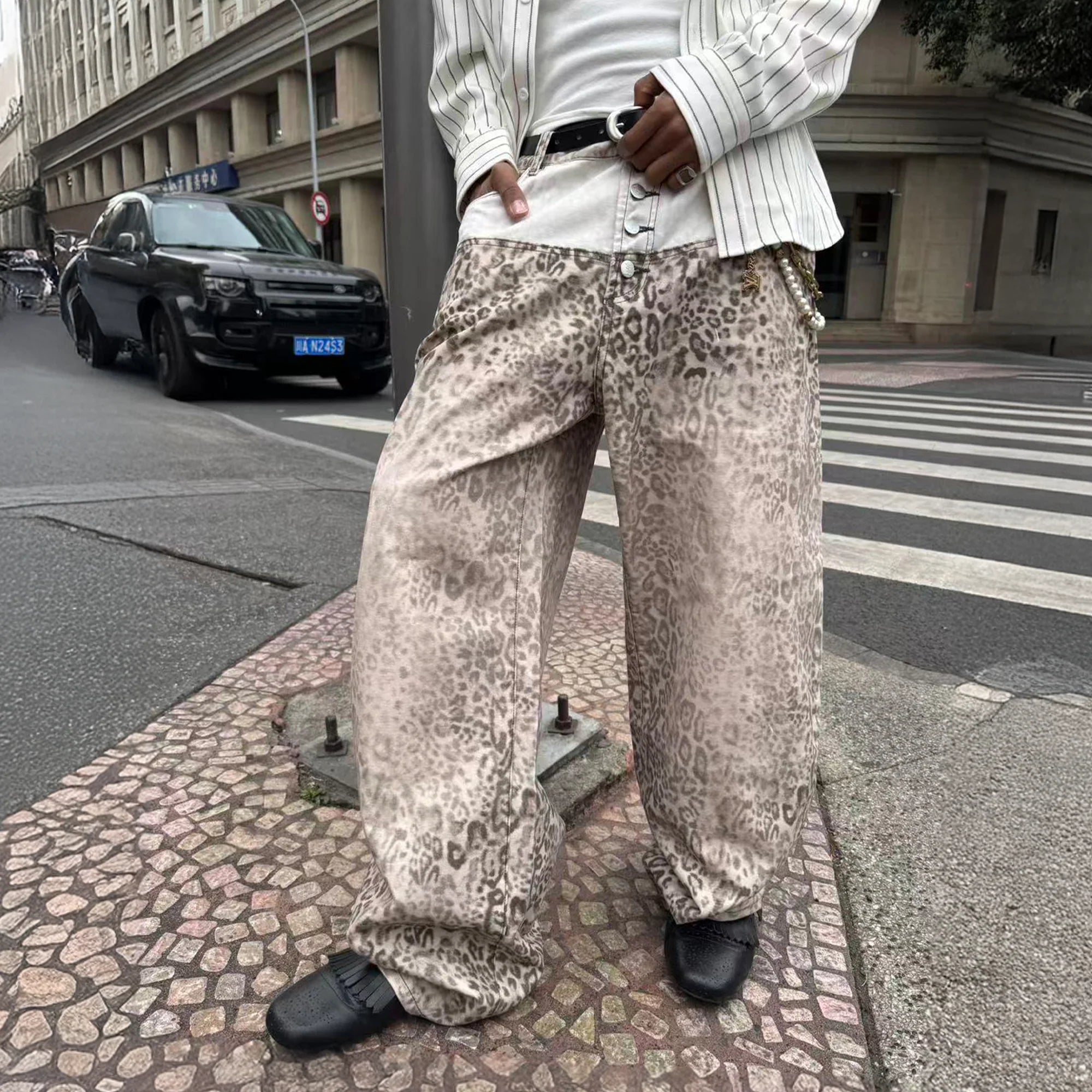 STEEPC Leopard Washed Paneled Wide-Leg Pants