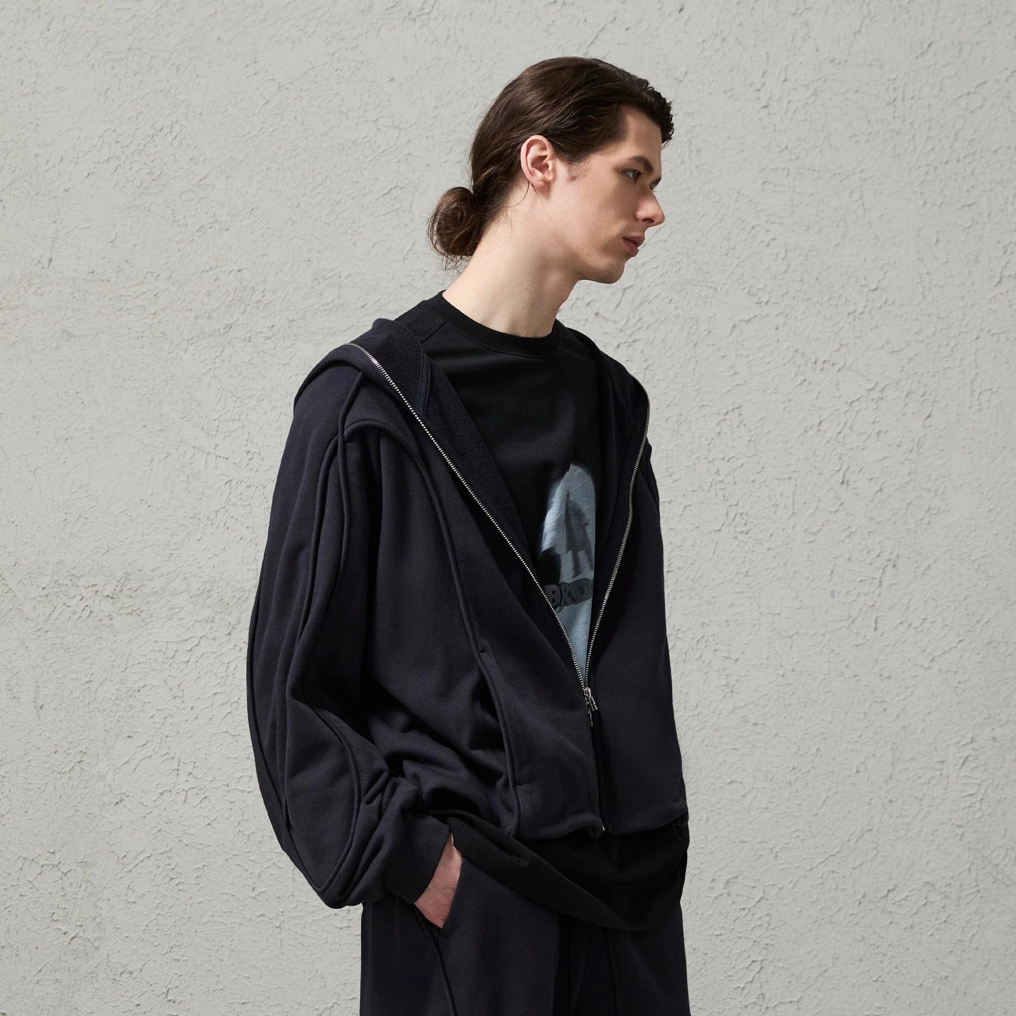 ORGANIC EMOTION Curved Panel Drawstring-Hem Zip-Up Hoodie