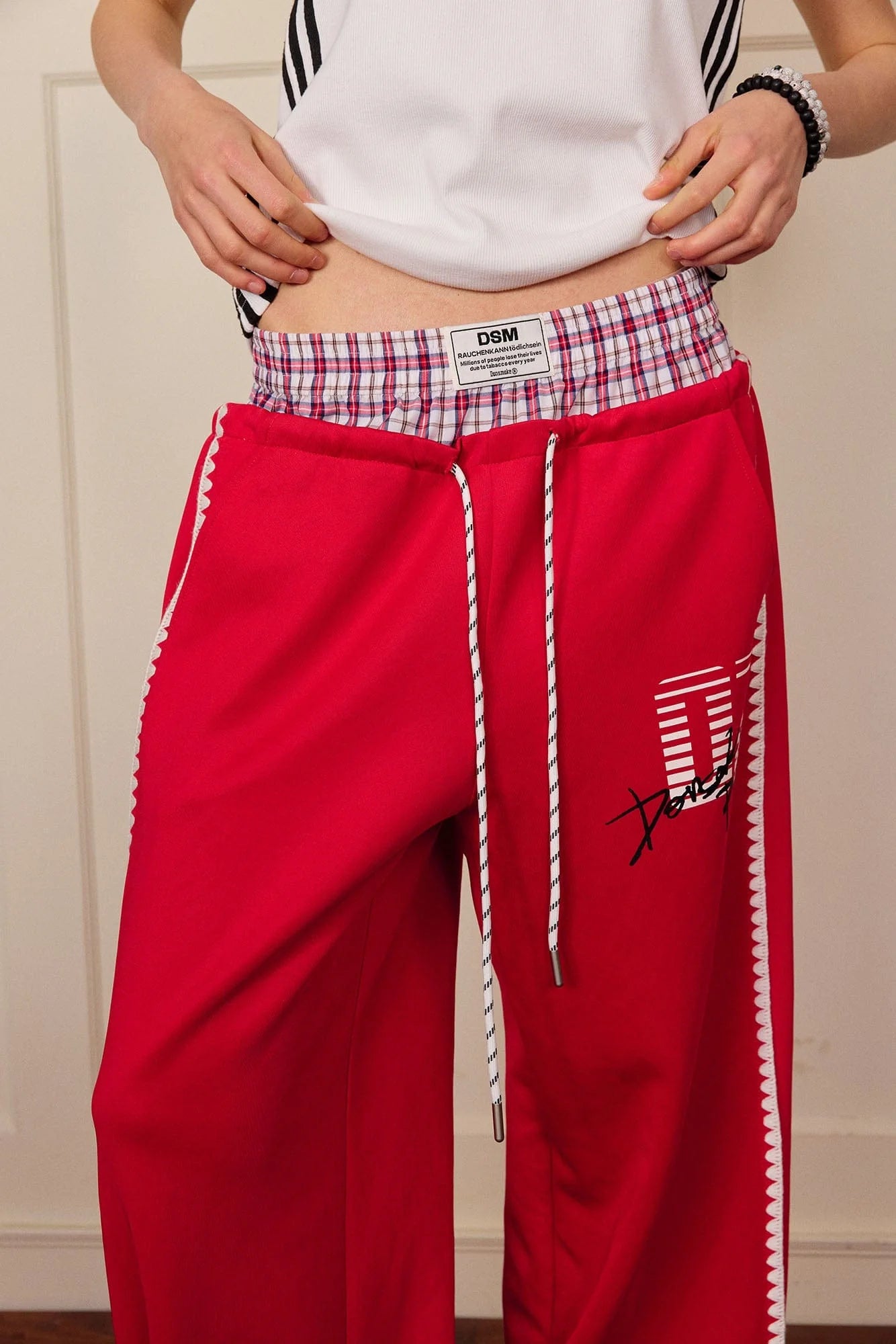 DONSMOKE Plaid Double-Waist Contrast Webbing Sweatpants