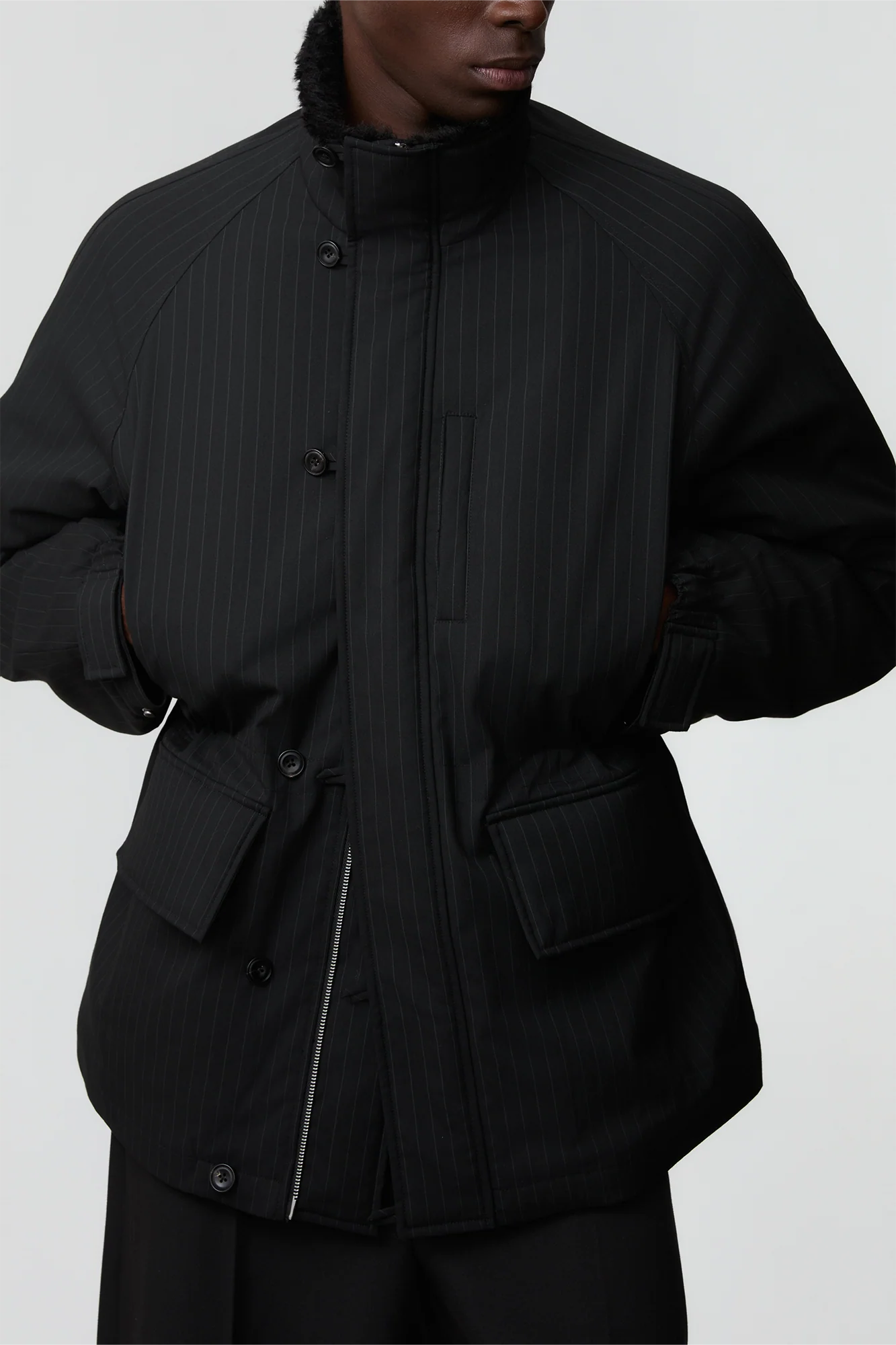 OPICLOTH Pinstriped Faux Fur-Lined Drawstring Jacket