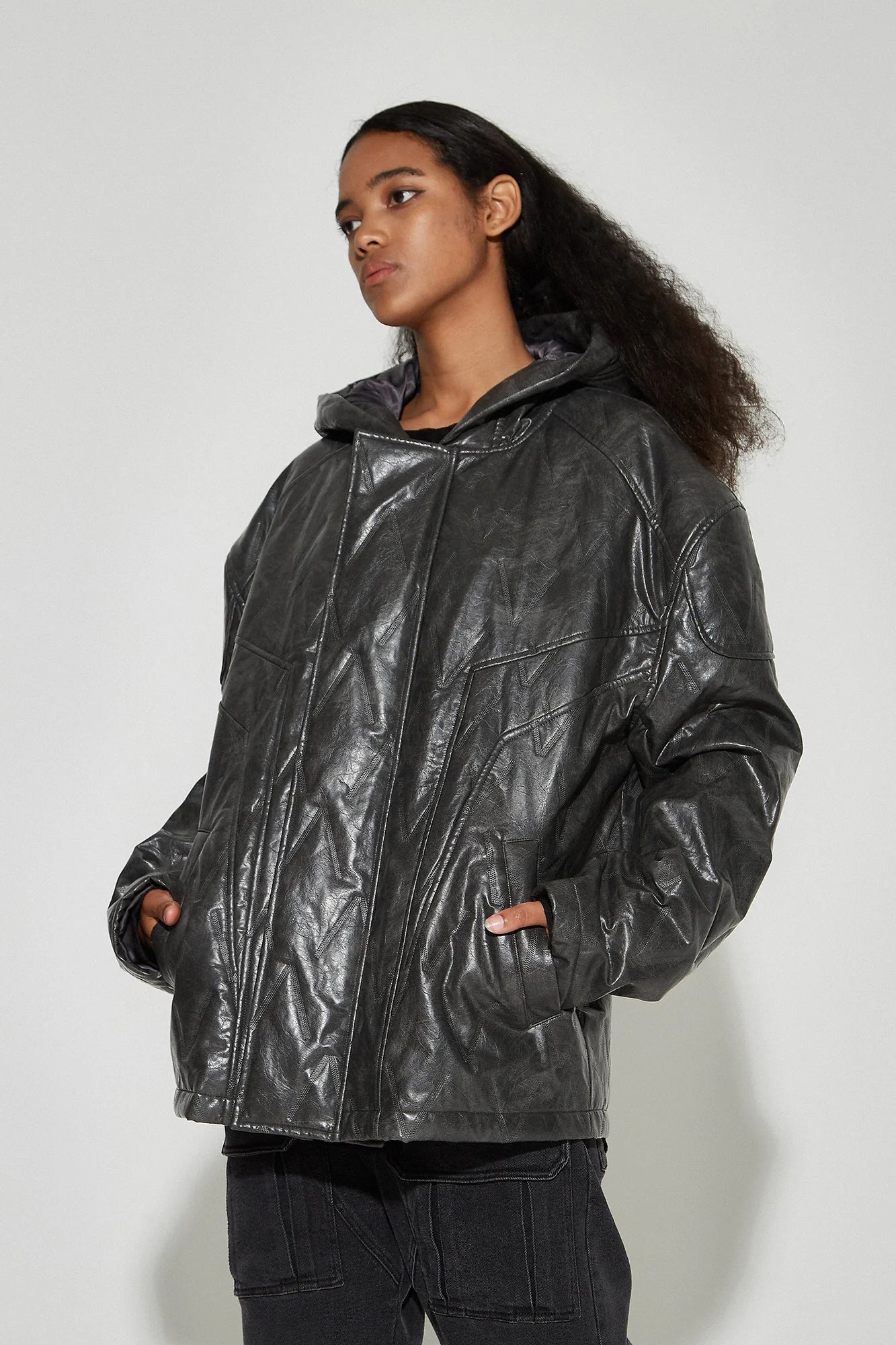 VANN VALRENCE Diamond-Embossed Faux Leather Hooded Puffer