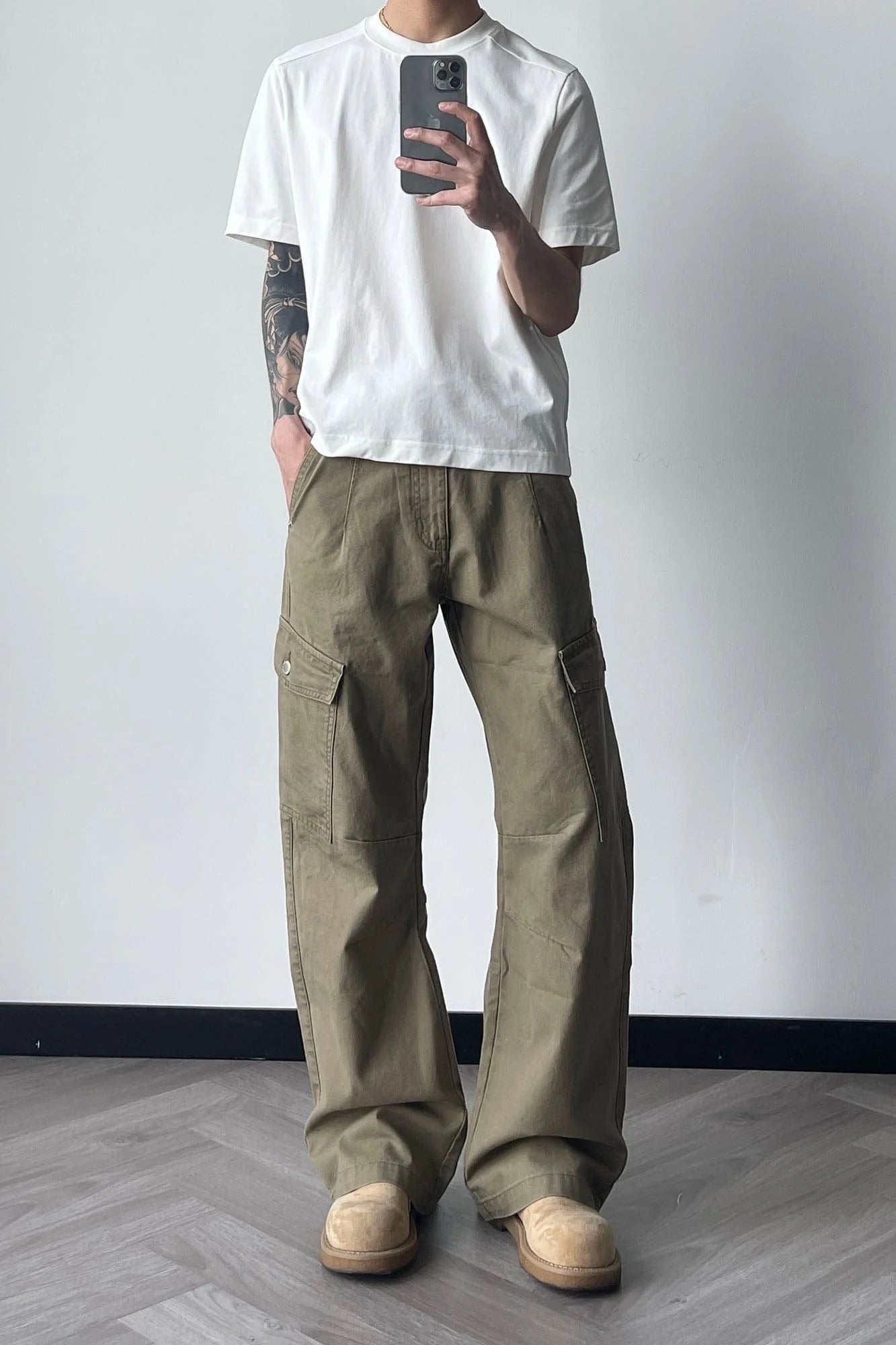 OKAYTHXBYE Washed Button Flap-Pocket Cargo Pants