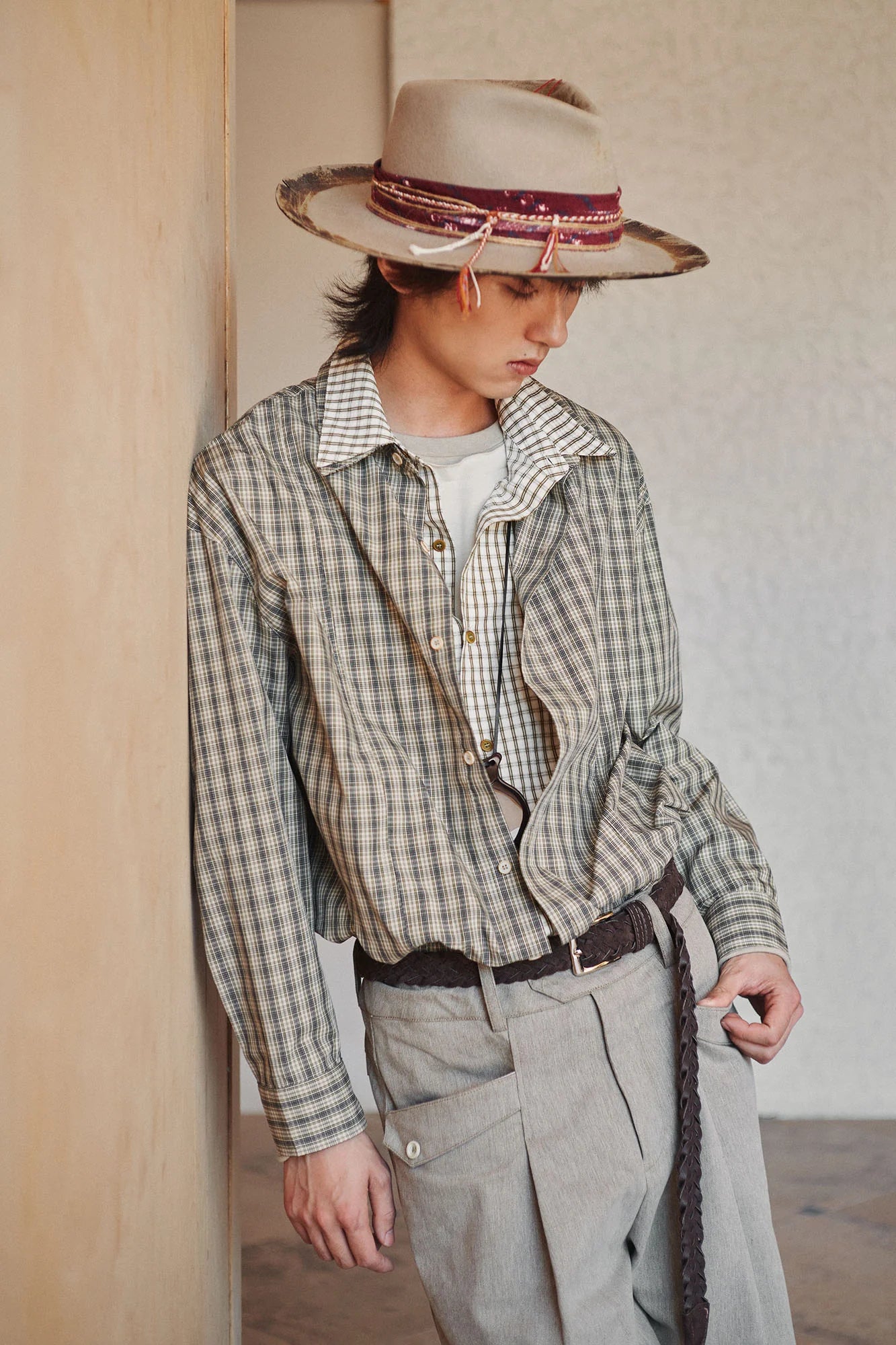 GONGHE REPUB Faux Layered Collar Plaid Shirt