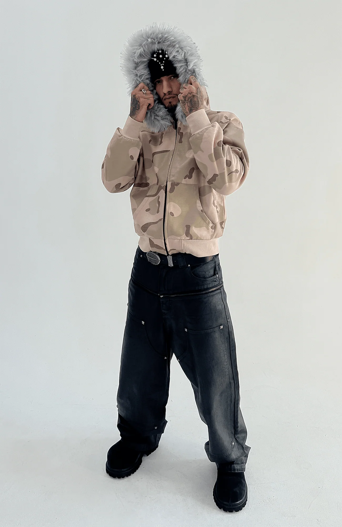 TECNINEGROUP Camo Waxed Faux Fur Hooded Jacket