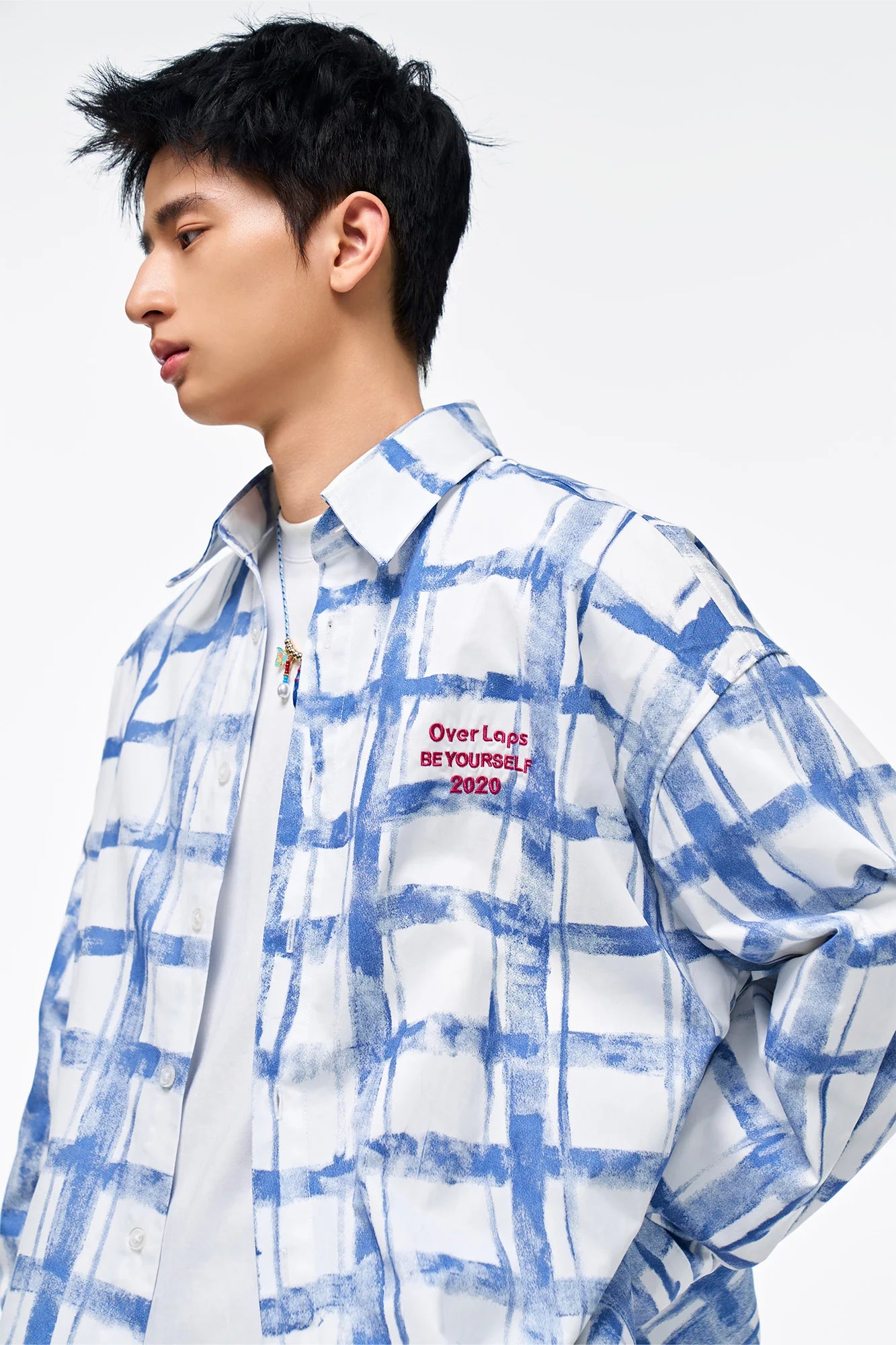 OVERLAPS Brush-Paint Grid Oversized Shirt