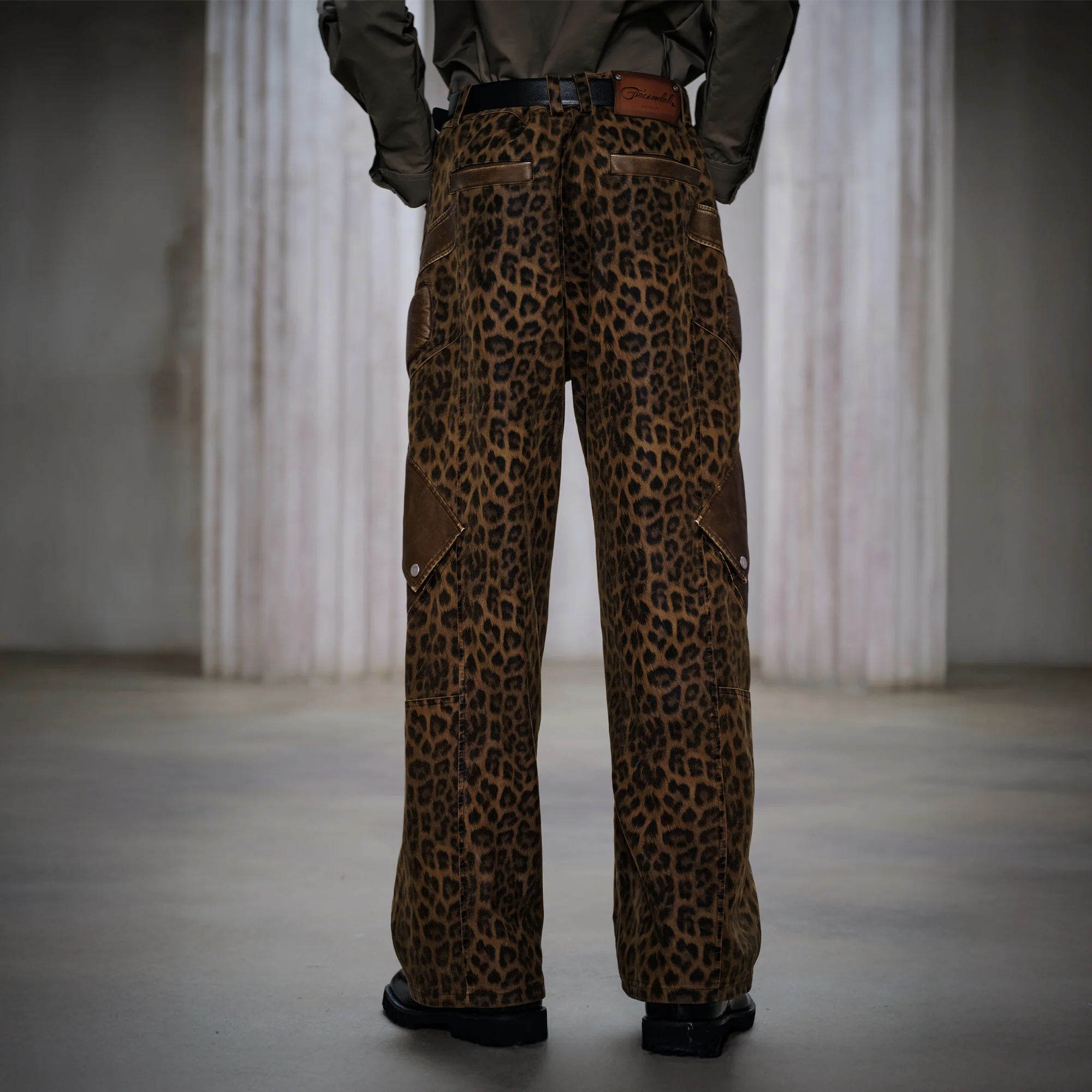 FACEONLAB Leopard Paneled Straight-Leg Pants