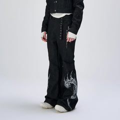 FLYERRER Abstract Graphic Flared Raw Jeans