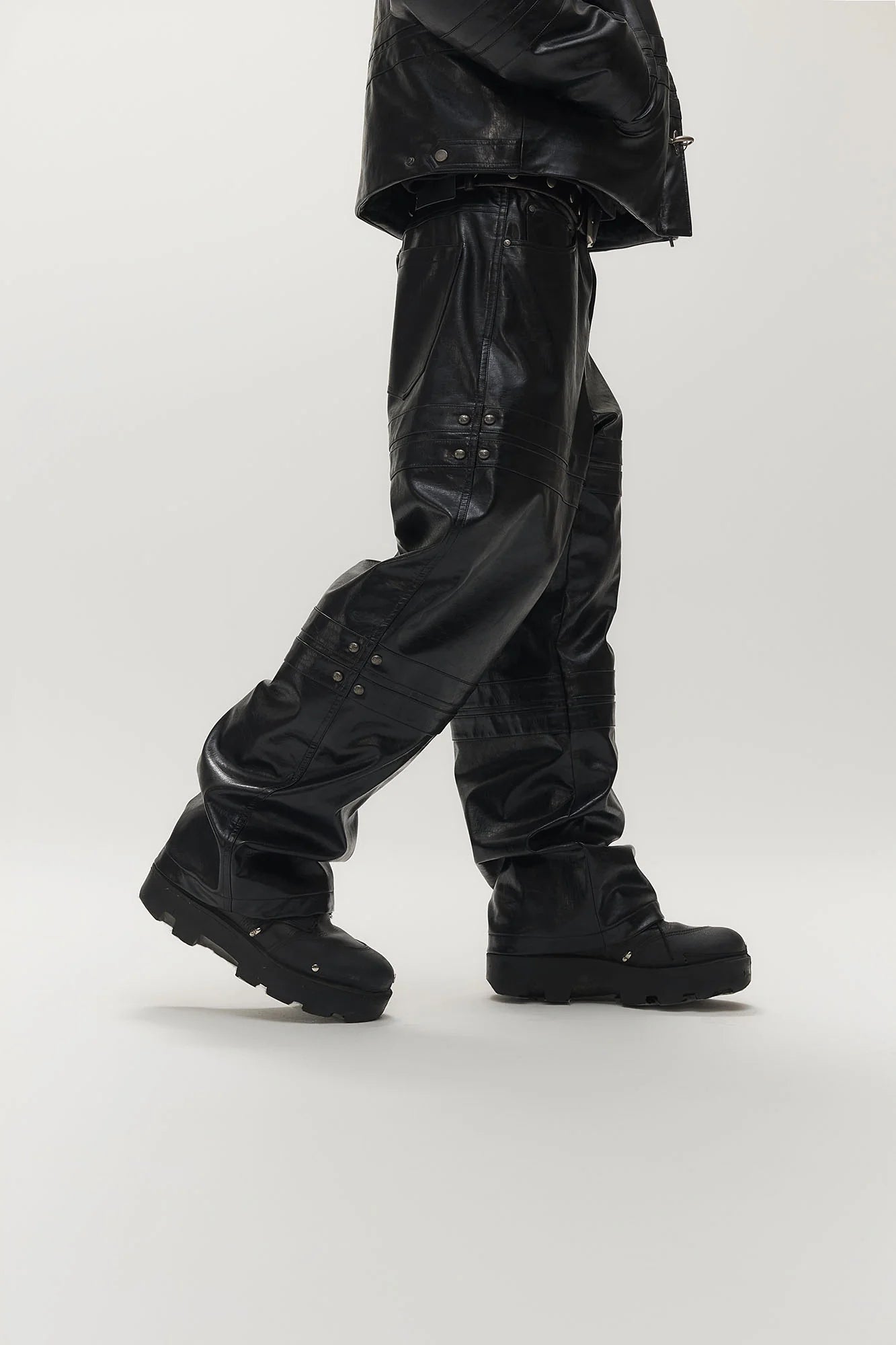 SAVAGEGROWTHWORLD Faux Leather Panel Rivet Pants