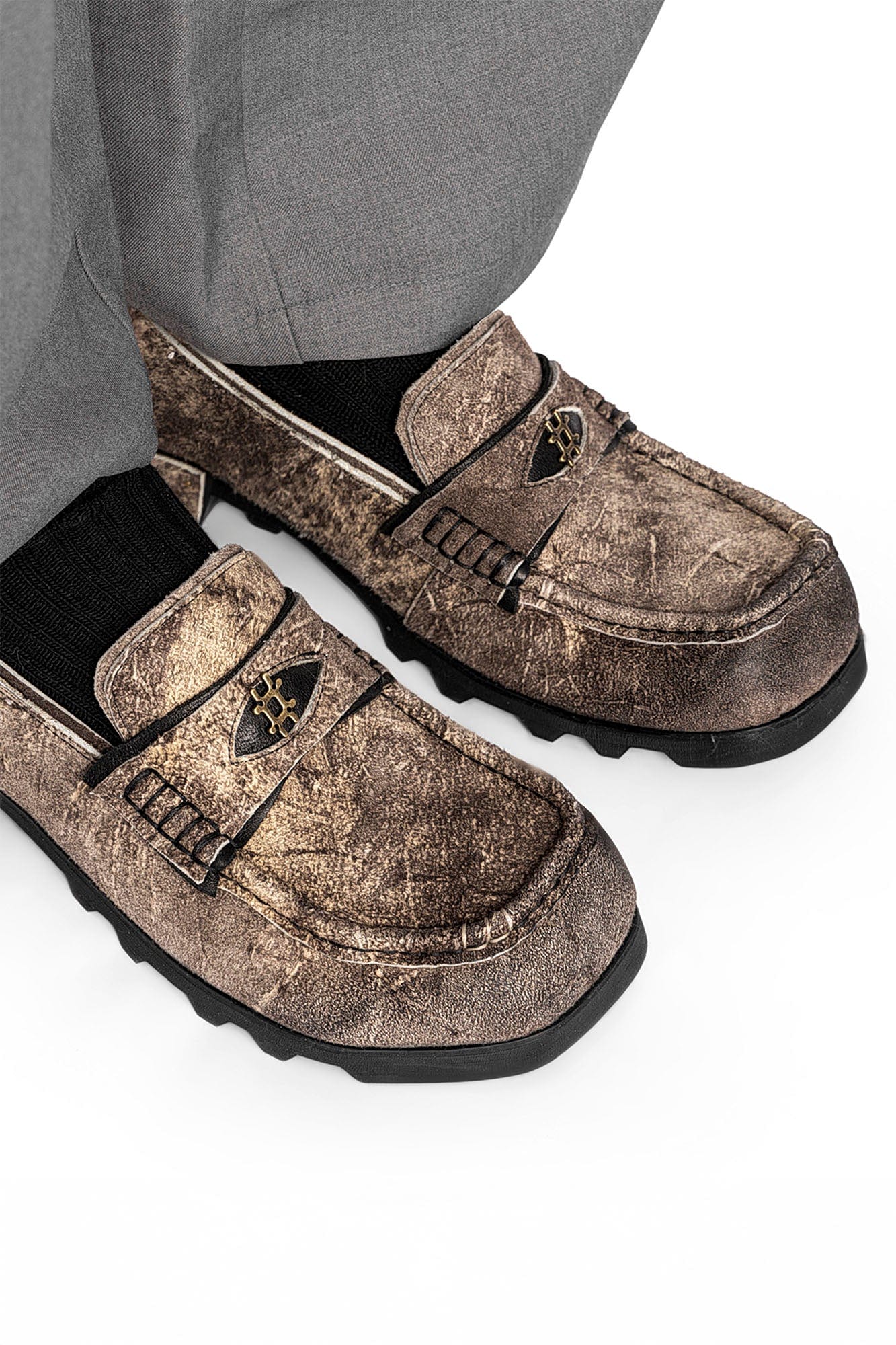 REWRITE Distressed Cowhide Saddle Loafers