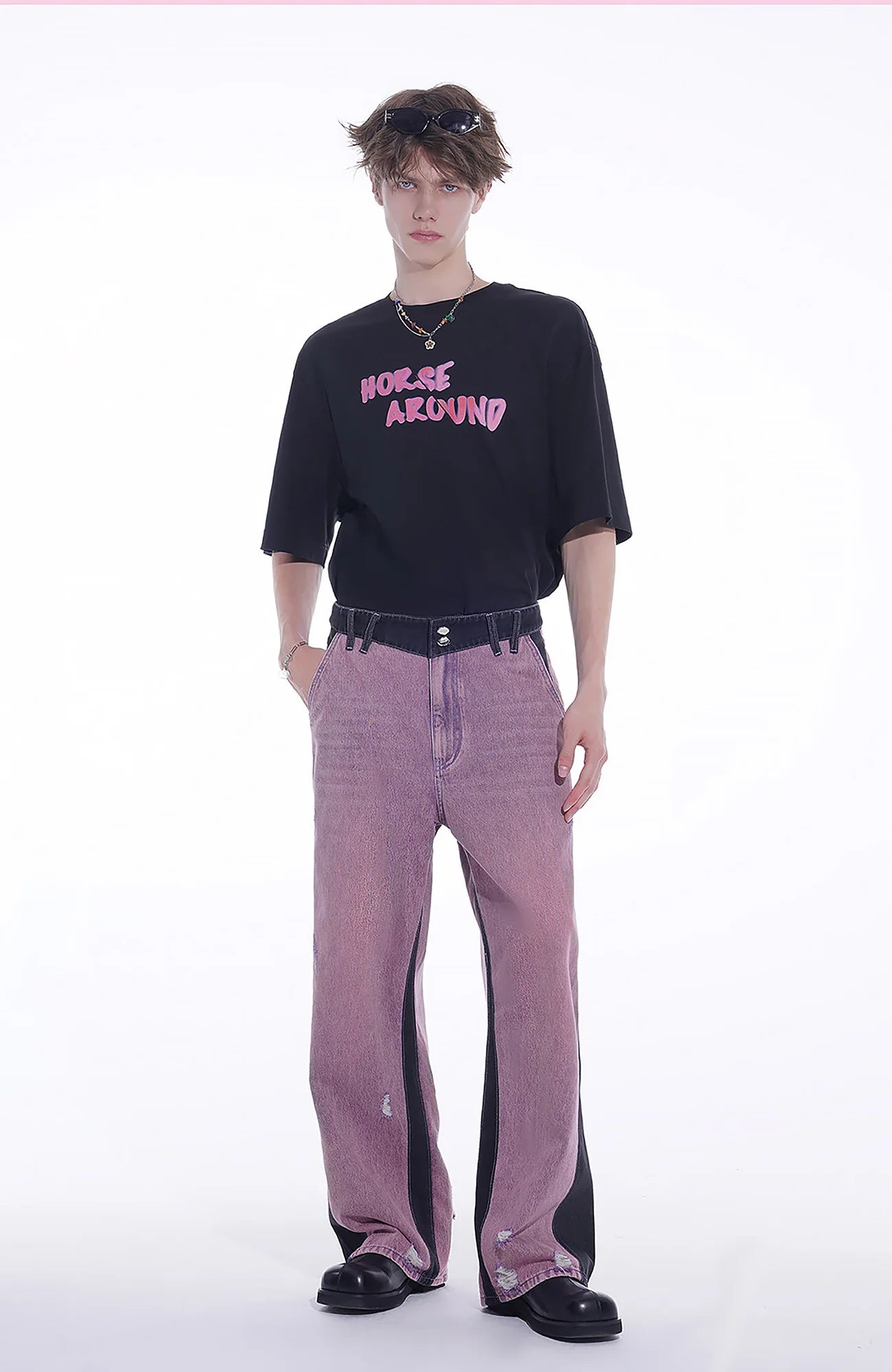 TIWILLTANG Distressed Contrast Paneled Wide-Leg Jeans