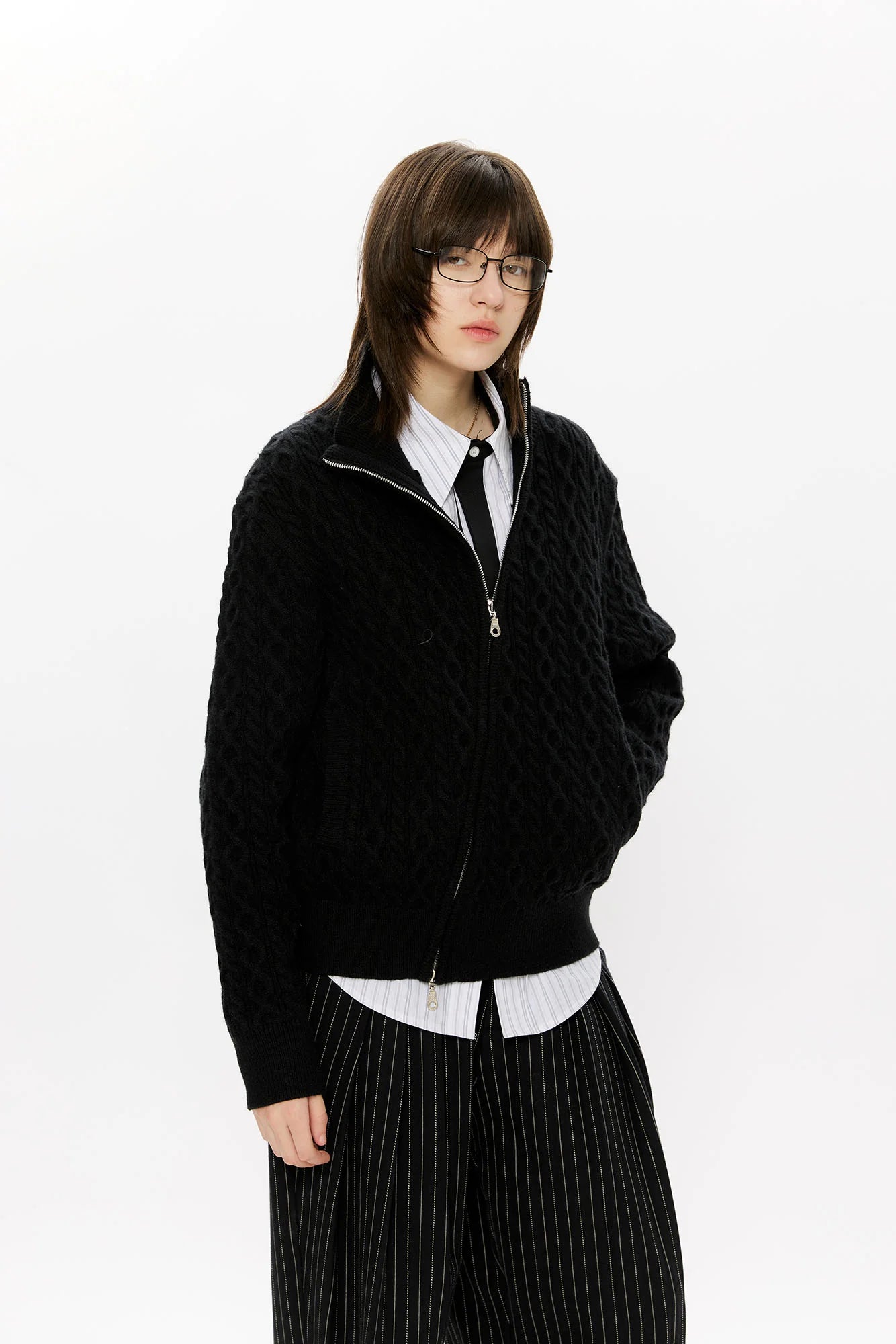 KREATE Asymmetrical Zip Cable-Knit Sweater