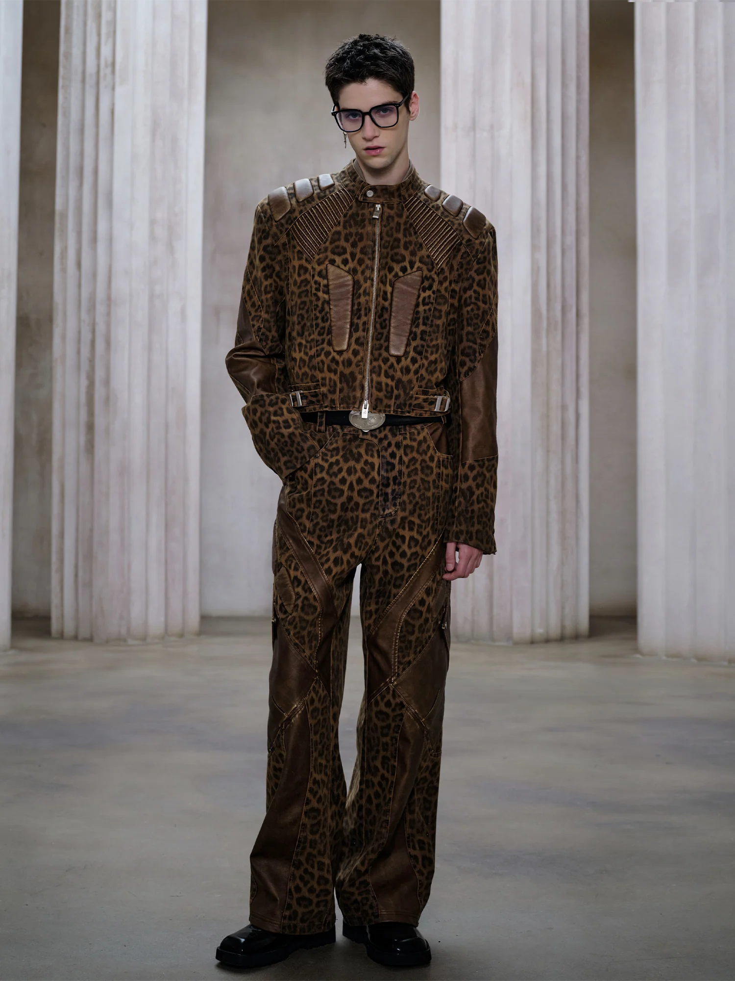 FACEONLAB Leopard Paneled Ribbed Armor Jacket