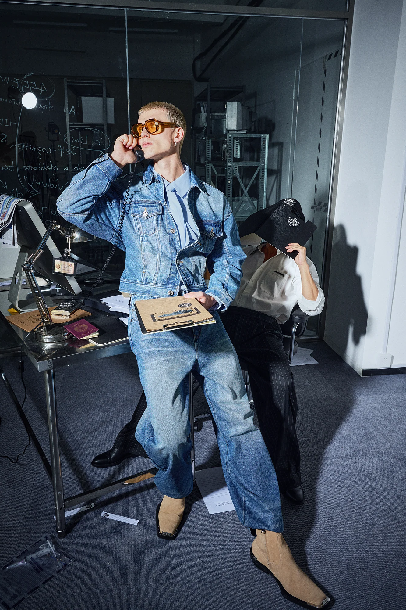 455EMBLE Washed Belted Waist-Cinched Denim Jacket