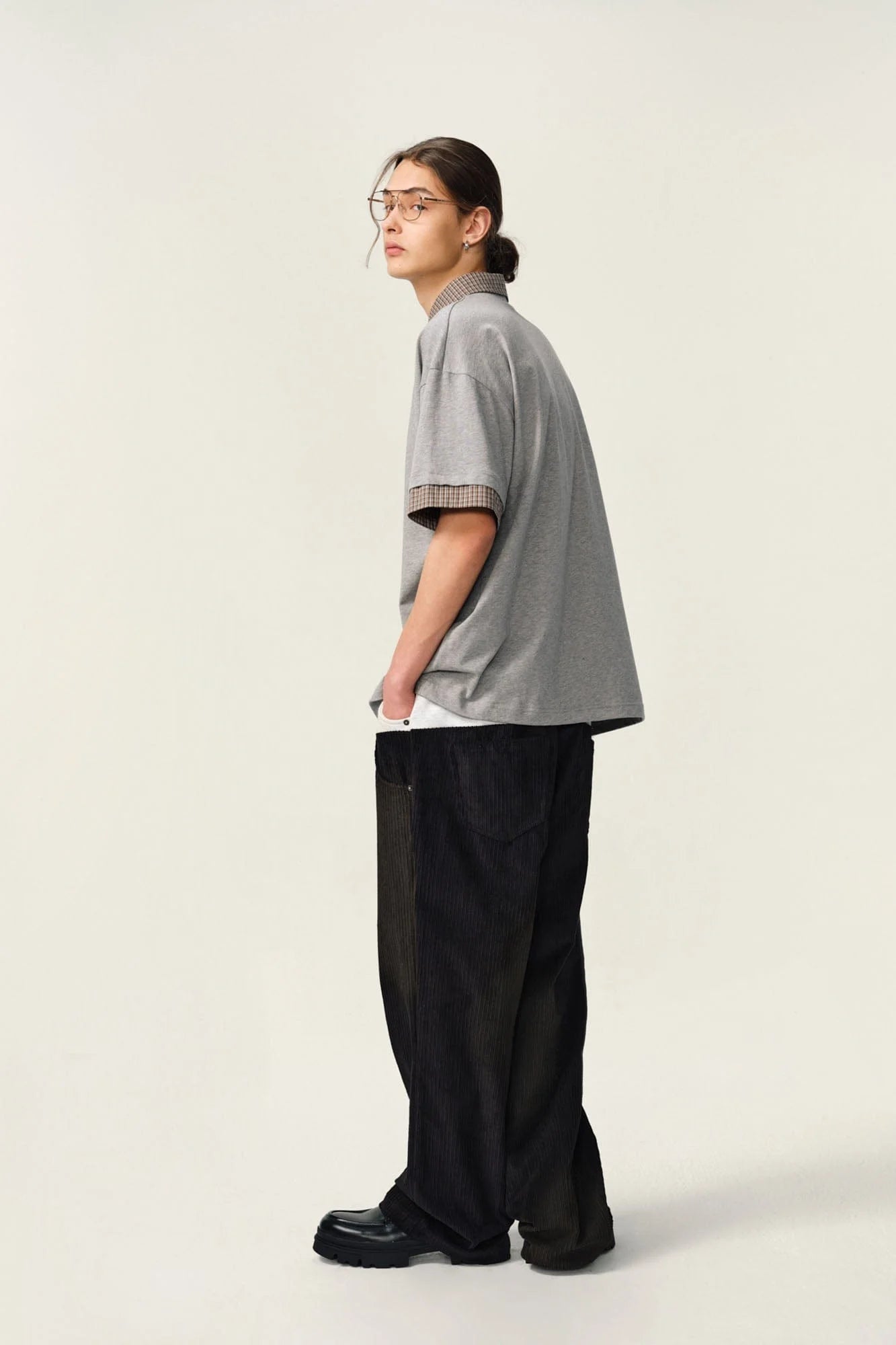 OVDY Layered Plaid Panel Mock Shirt T-Shirt
