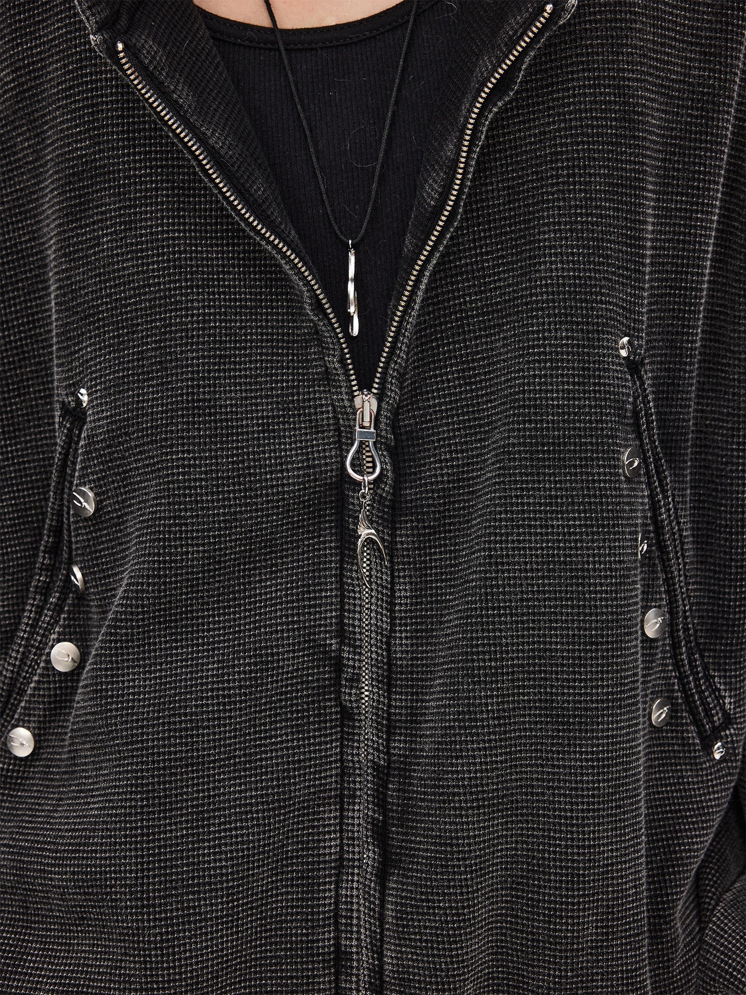 WHISTLEHUNTER Washed Waffle Studded Zip-Up Hoodie