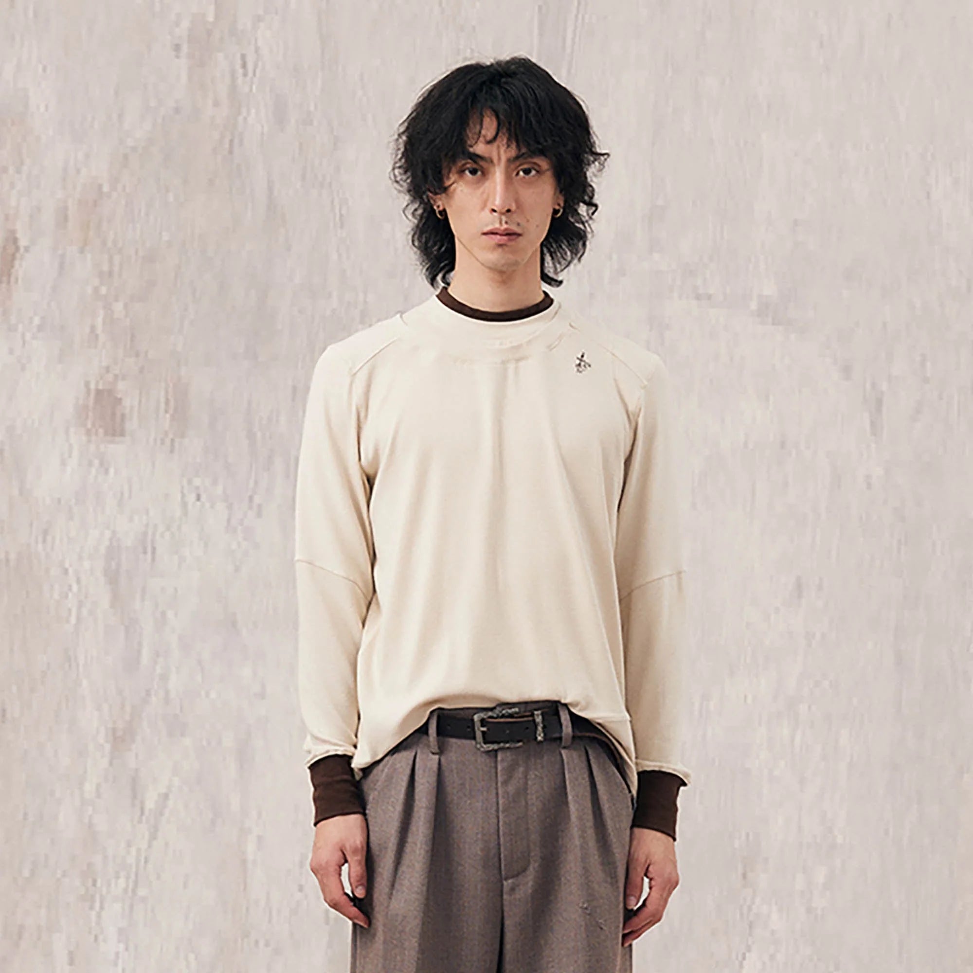 IN EXISTENCE Layered Asymmetrical Neck Embroidered Long-Sleeve Tee