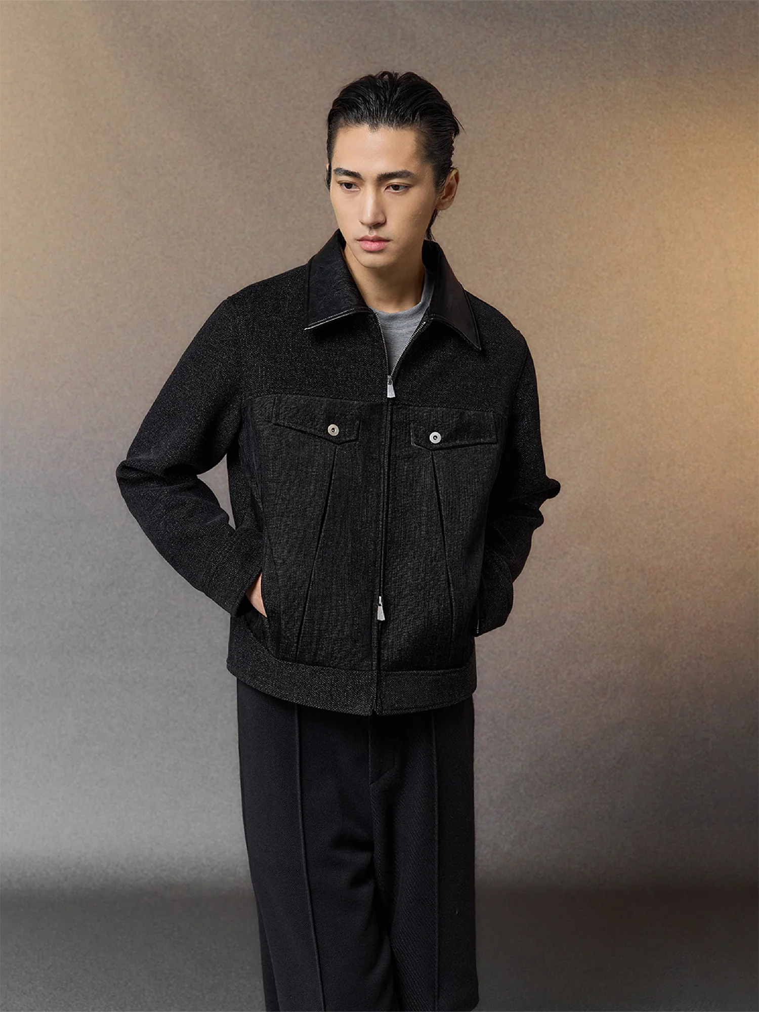 ALVNG AR ANTS Tweed Panelled PU-Collar Jacket