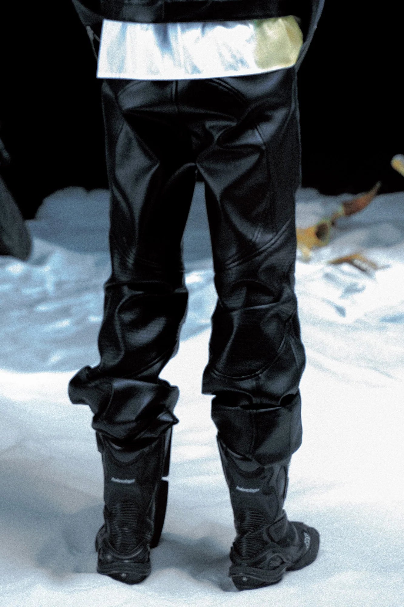 PCCVISION Pleated Knee Flare Faux Leather Pants