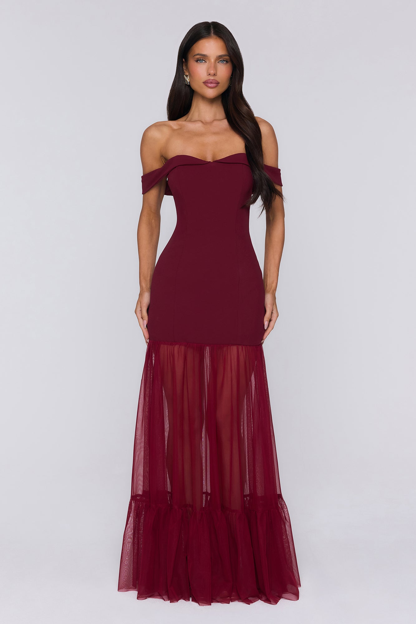 Pretty Lullaby Off Shoulder Maxi Dress Burgundy
